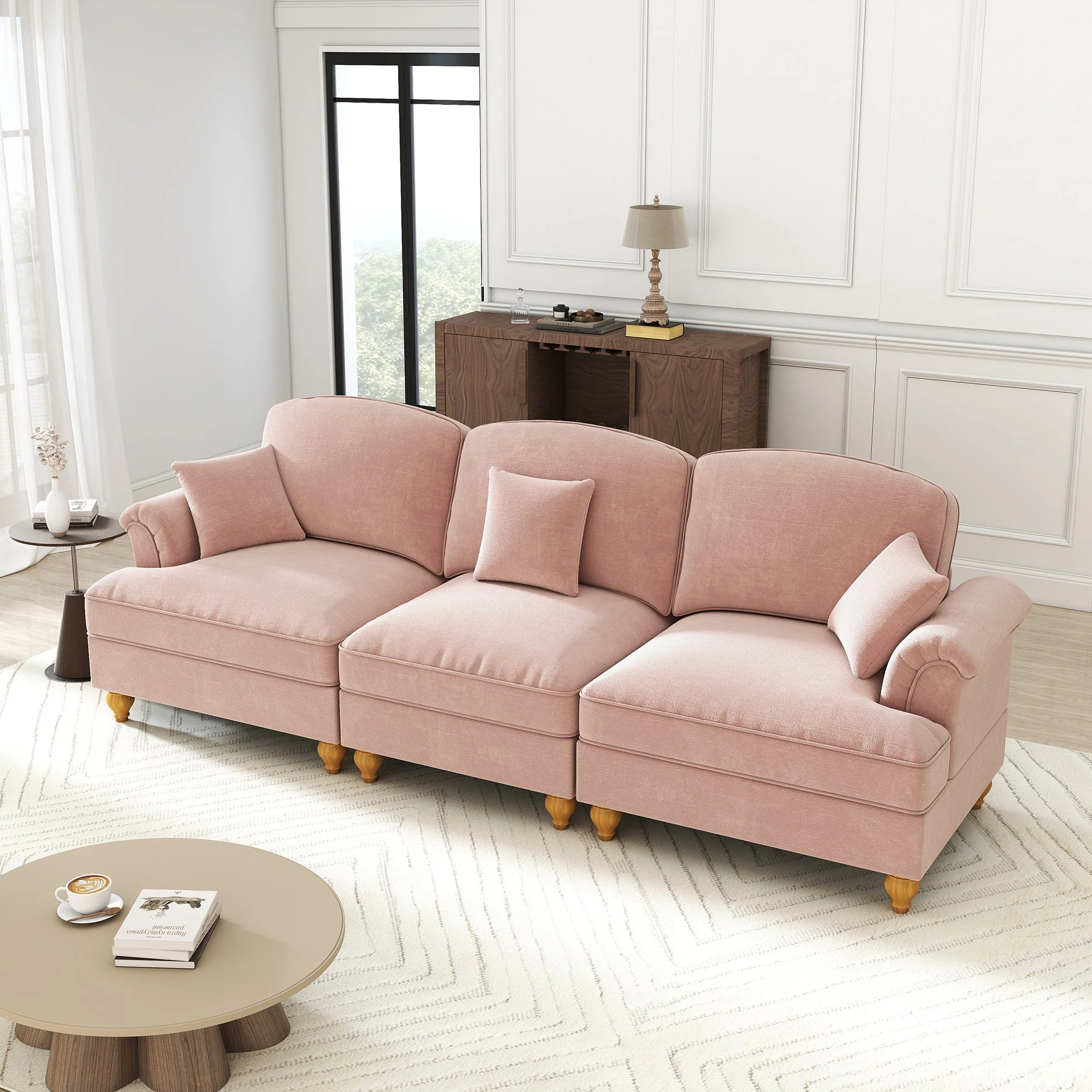 3-Seater Sofa Mid-Century Ruffled Apron Spindly Legs - Chenille Pink - Image 5