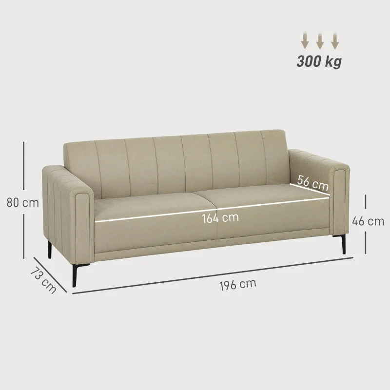 3 Seater Sofa, Modern Channel Tufted Upholstered Couch, Khaki Fabric - Image 4