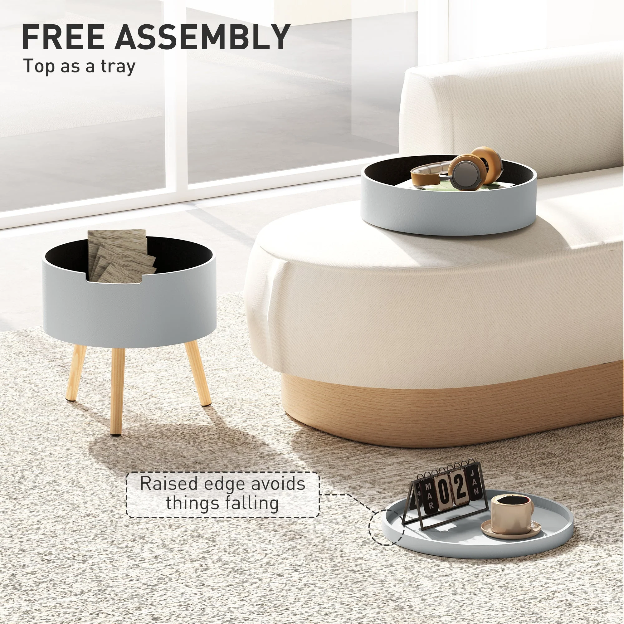 3-Tier Coffee Table, Round End Table with Hidden Storage and Detachable Tray, Grey - Image 4