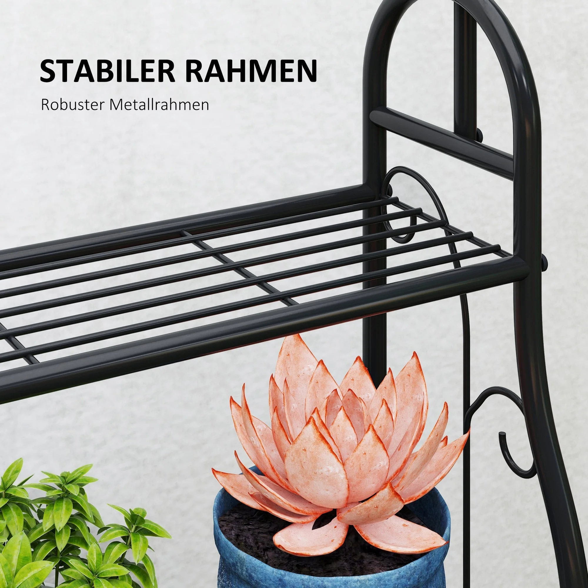 3-Tier Plant Stand, Hanging Rod Hooks 137cm High, Metal Black - Image 6