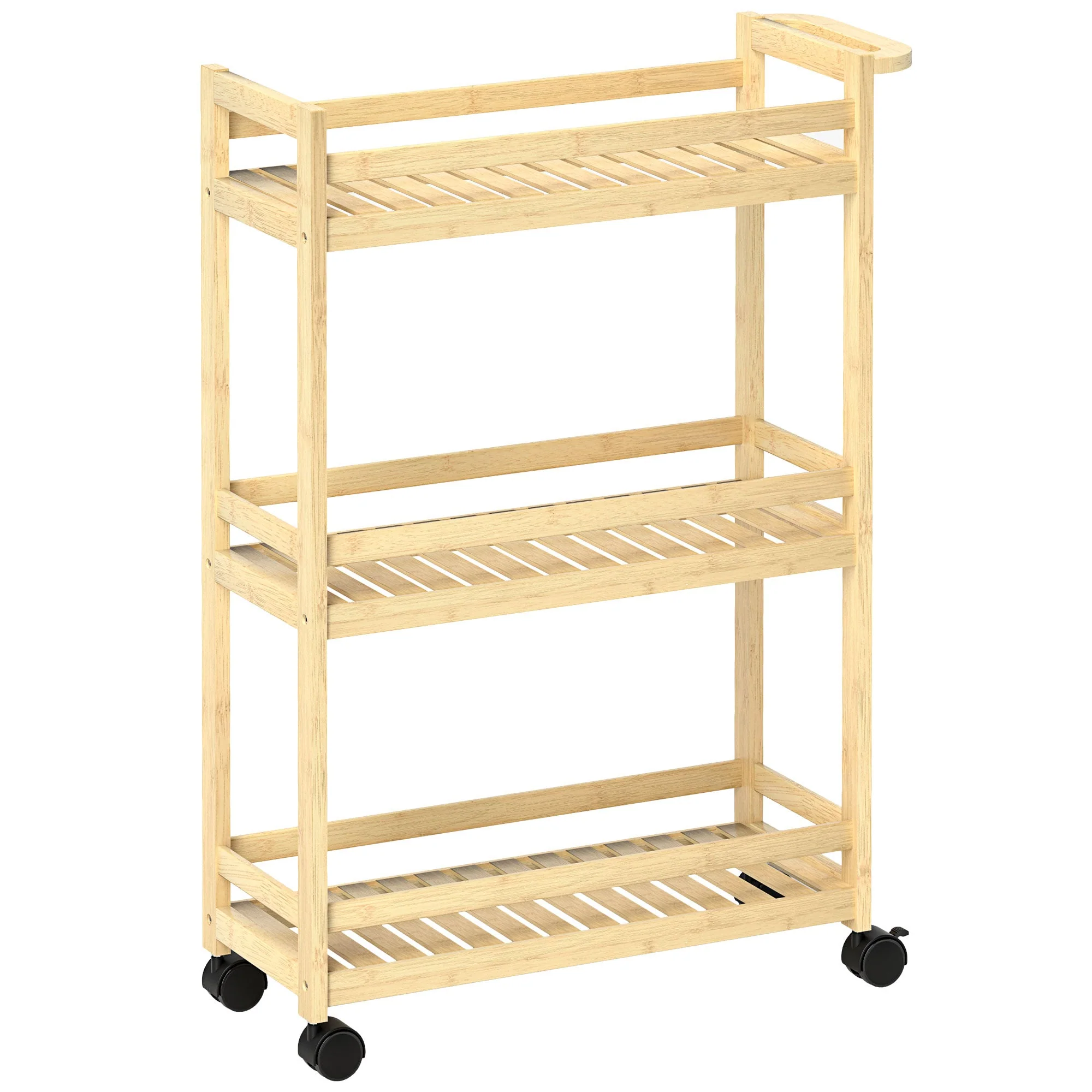 3-Tier Serving Cart, Wheels & Handle, Natural Wood - Image 2