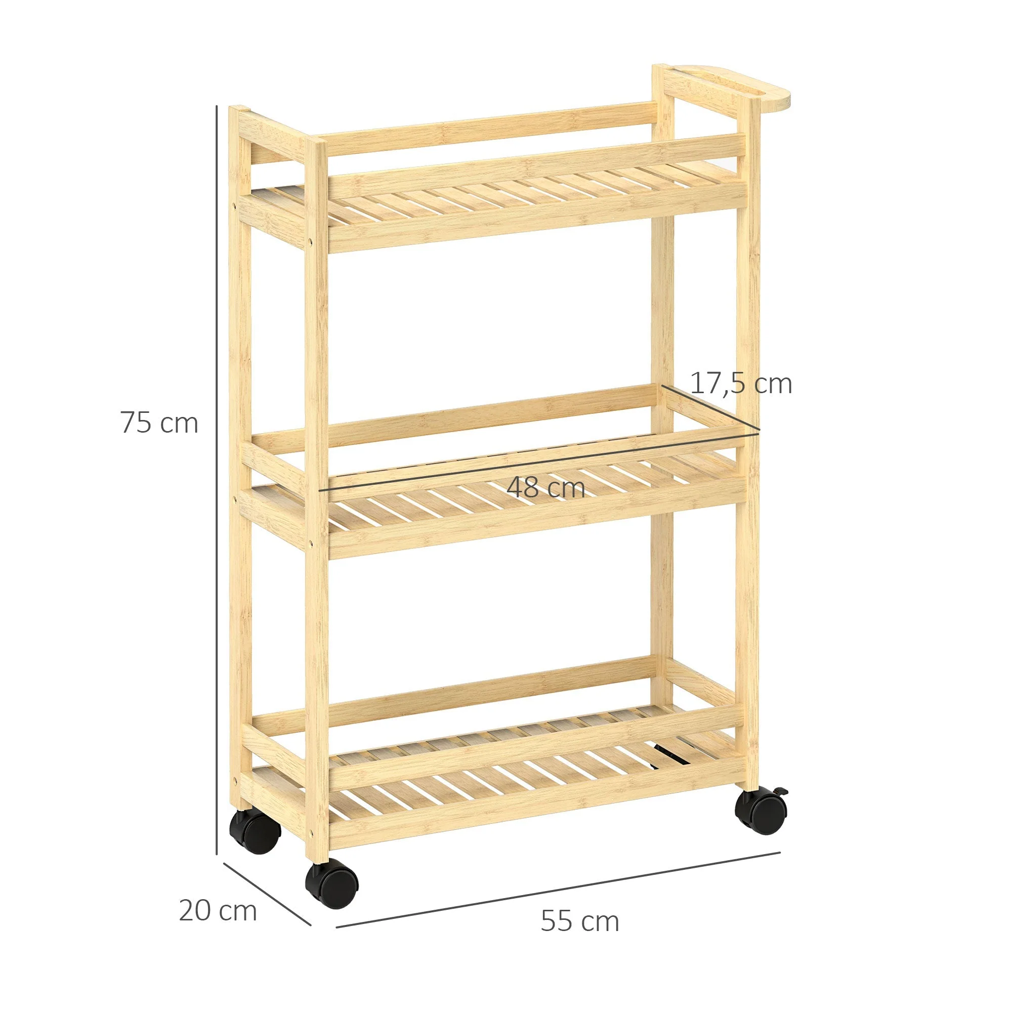 3-Tier Serving Cart, Wheels & Handle, Natural Wood - Image 3