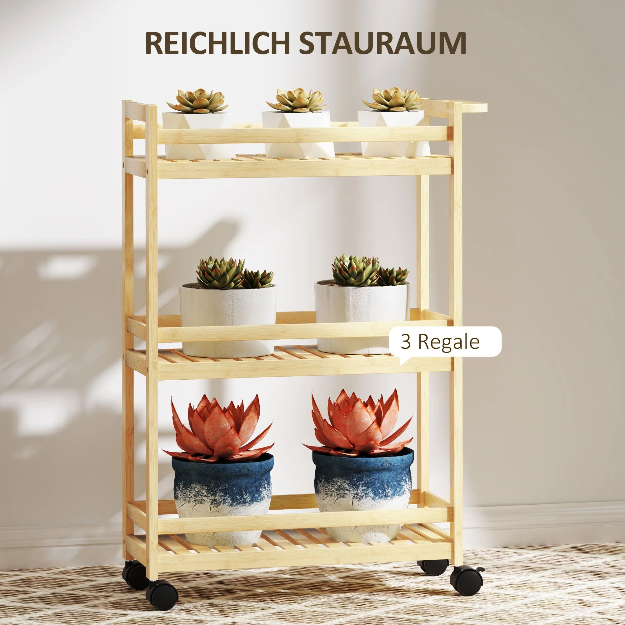 3-Tier Serving Cart, Wheels & Handle, Natural Wood - Image 4