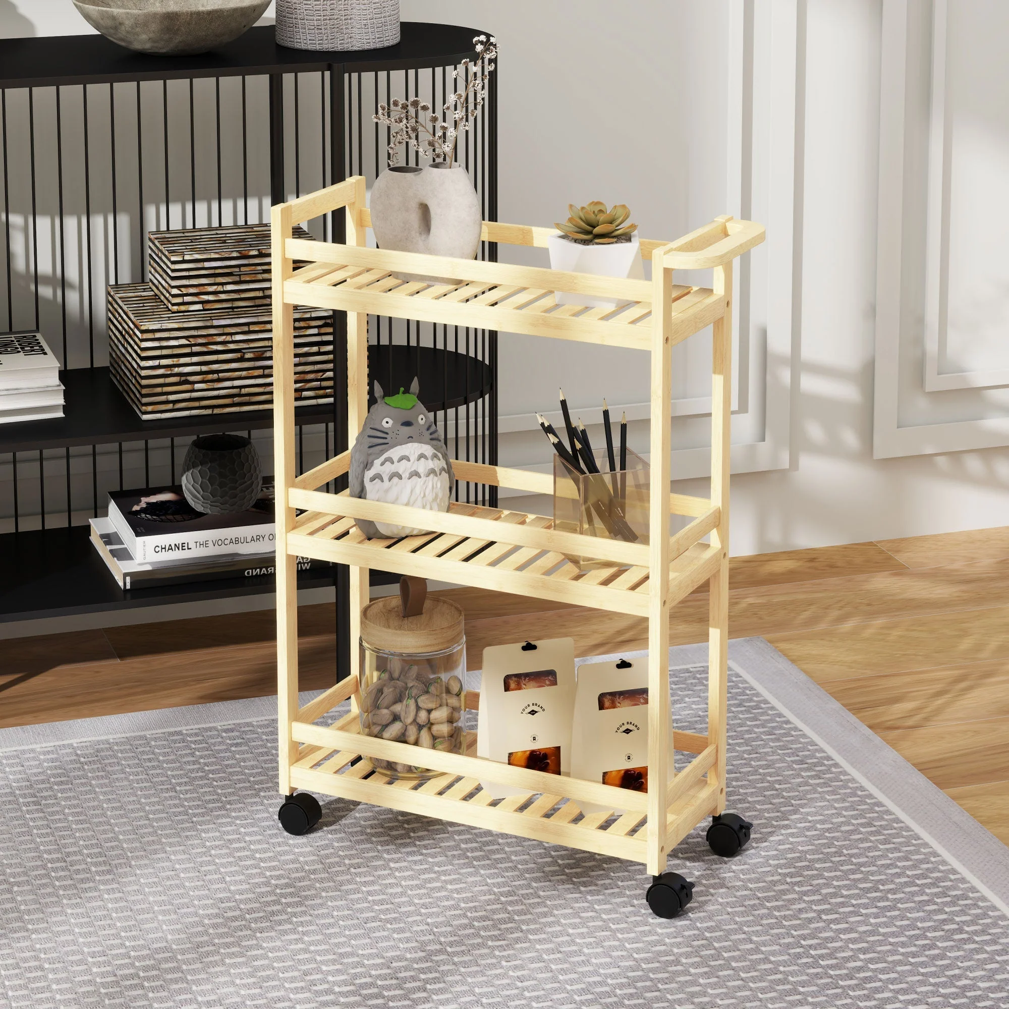 3-Tier Serving Cart, Wheels & Handle, Natural Wood - Image 7