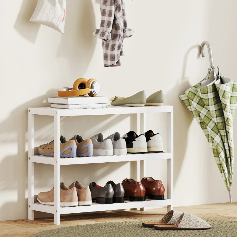 3-Tier Shoe Rack, Bamboo Storage Shelf, White - Image 2
