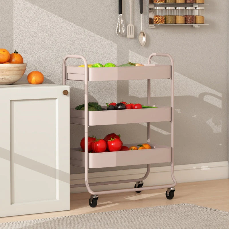 3-Tier Storage Trolley on Wheels Utility Cart Mesh Baskets Light Pink - Image 6
