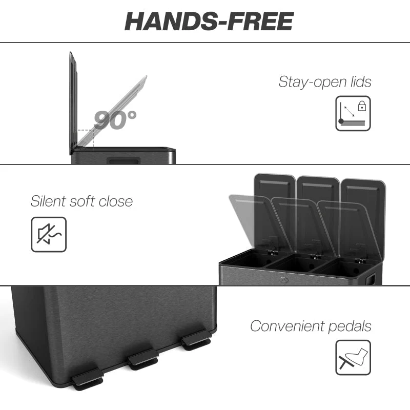 3 x 20L Pedal Bin, Soft Close Triple Kitchen Bin, Black Steel - Image 6