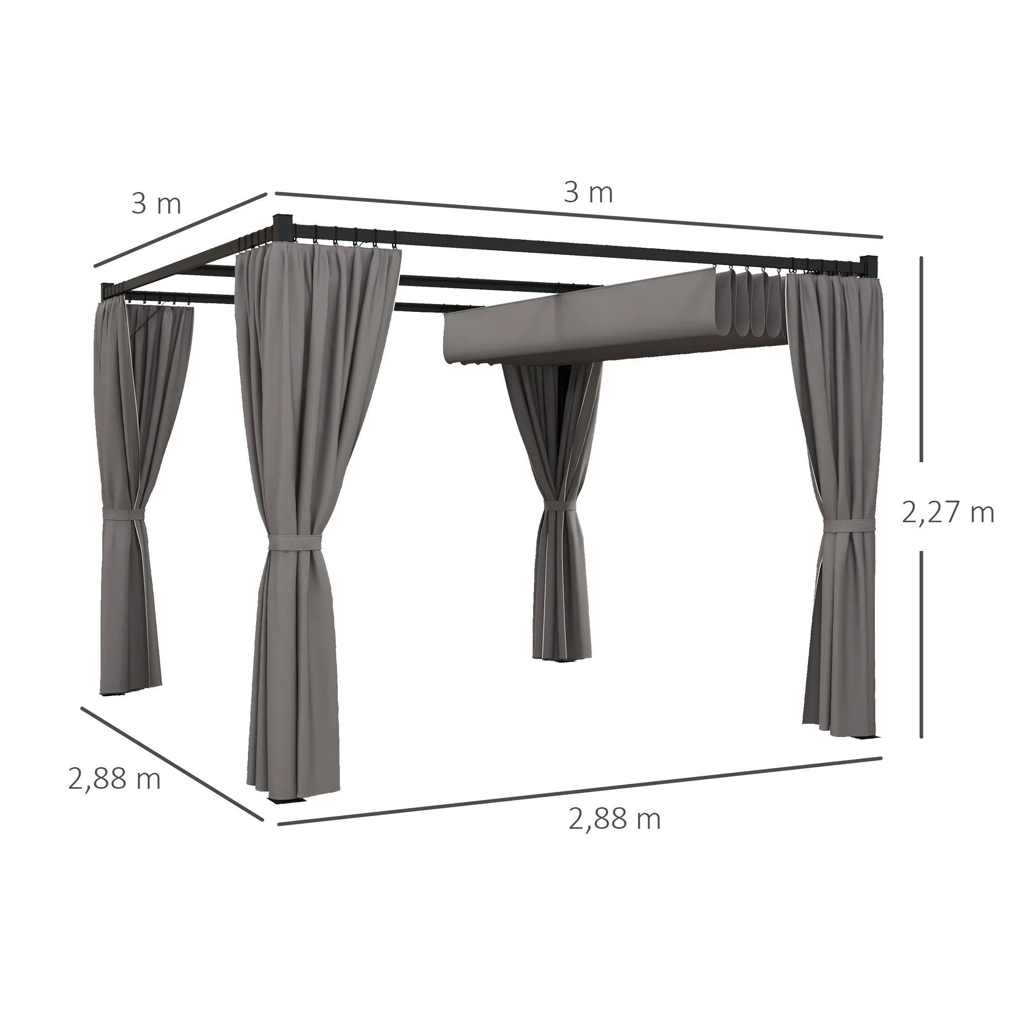 3 x 3m Moving Canopy Pergola with Curtains, Metal Grey - Image 3