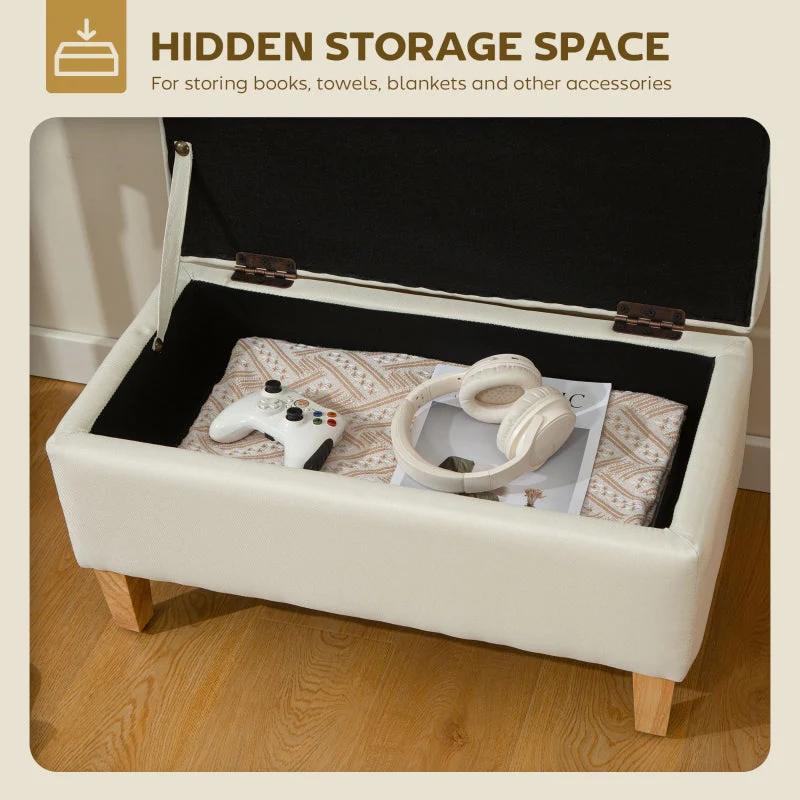 30L Linen Storage Ottoman Padded Footstool with Rubberwood Legs, Beige - Image 4