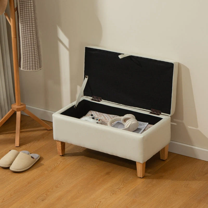 30L Linen Storage Ottoman Padded Footstool with Rubberwood Legs, Beige - Image 6