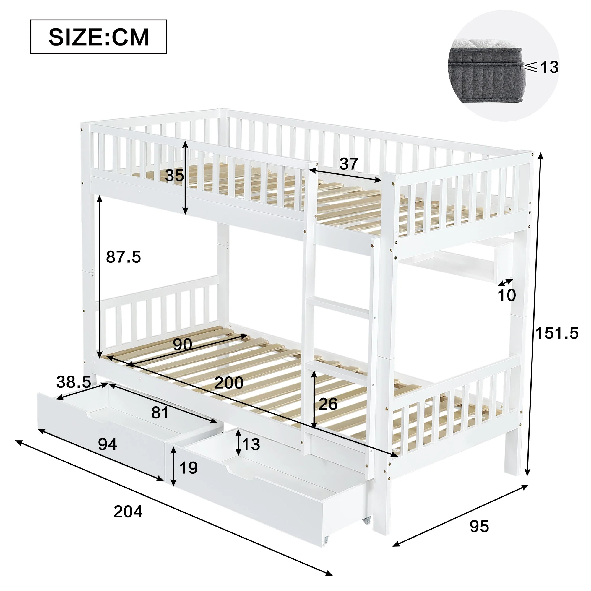 [31911901WAA] Bunk Bed Safety Rail Storage Ladder 90x200cm Pine Wood White - Image 8