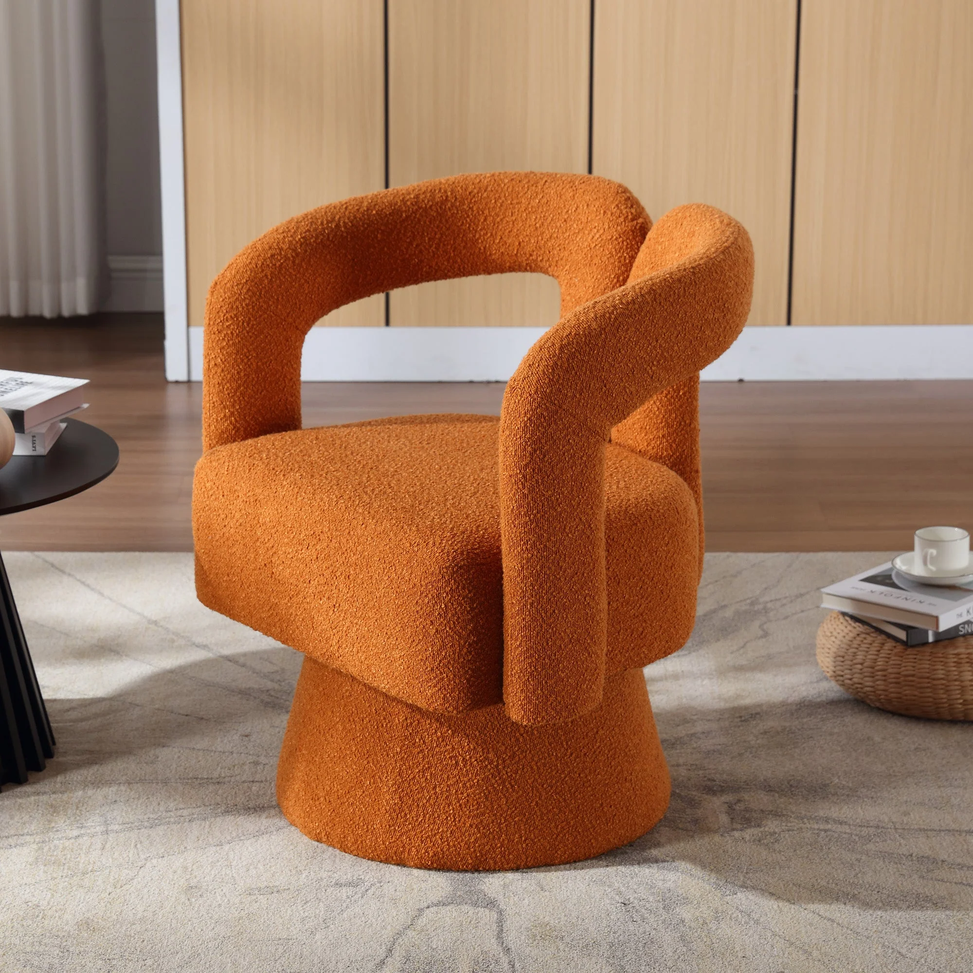 360 Degree Rotating Snuggle Barrel Accent Chair, Round with Wide Cushions, Fluffy Fabric