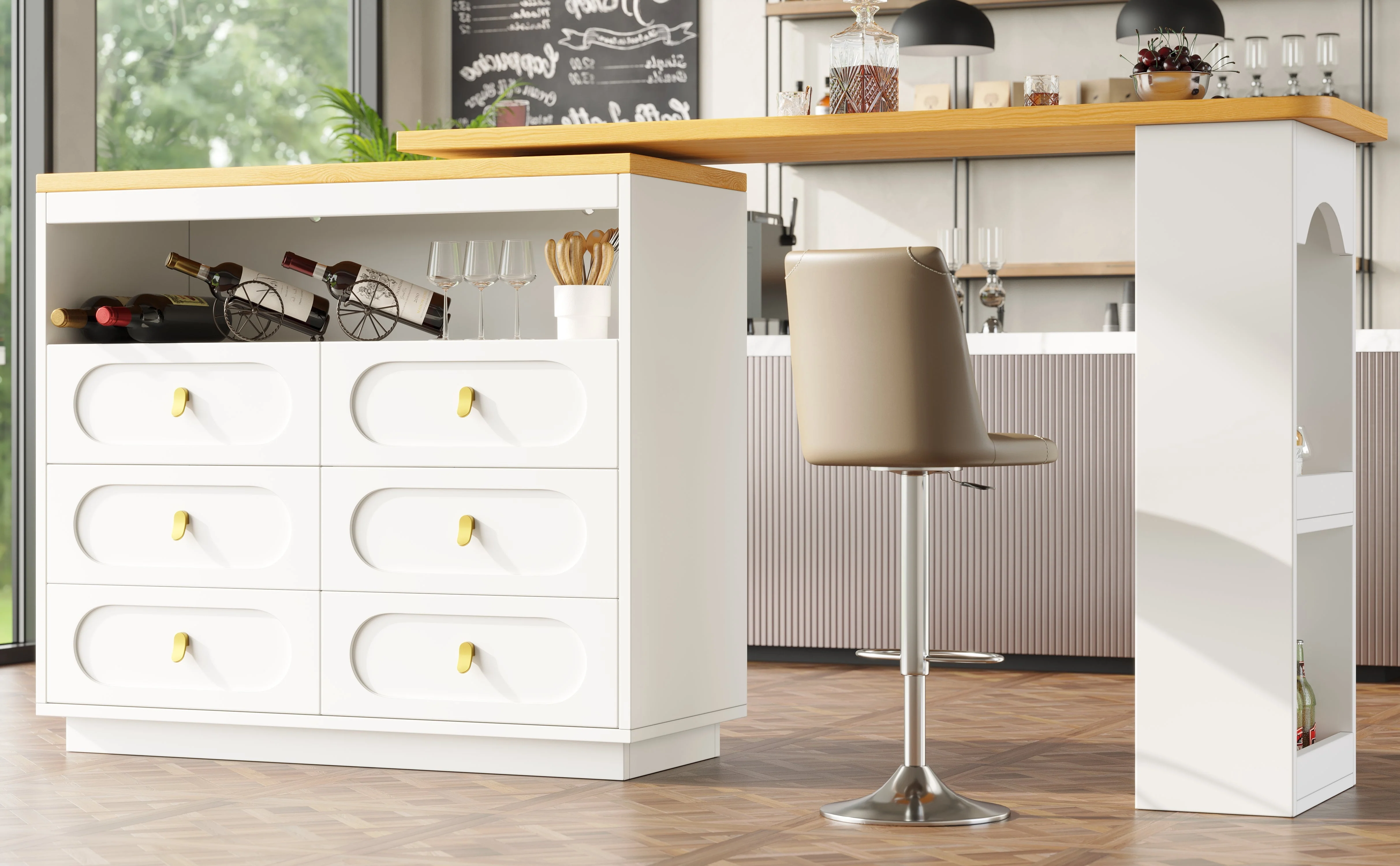 360° Rotating Bar Table, Dining Kitchen Island with Storage, White - Image 6