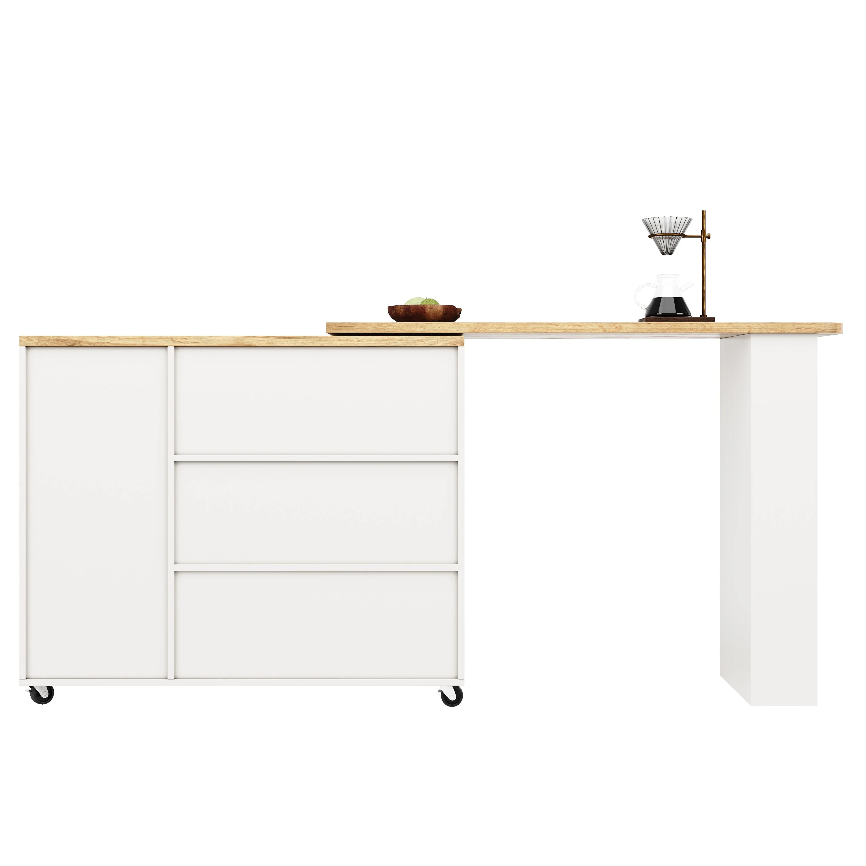 360° Rotating Bar Table Extendable Storage Island with 3 Drawers and Casters, White - Image 9