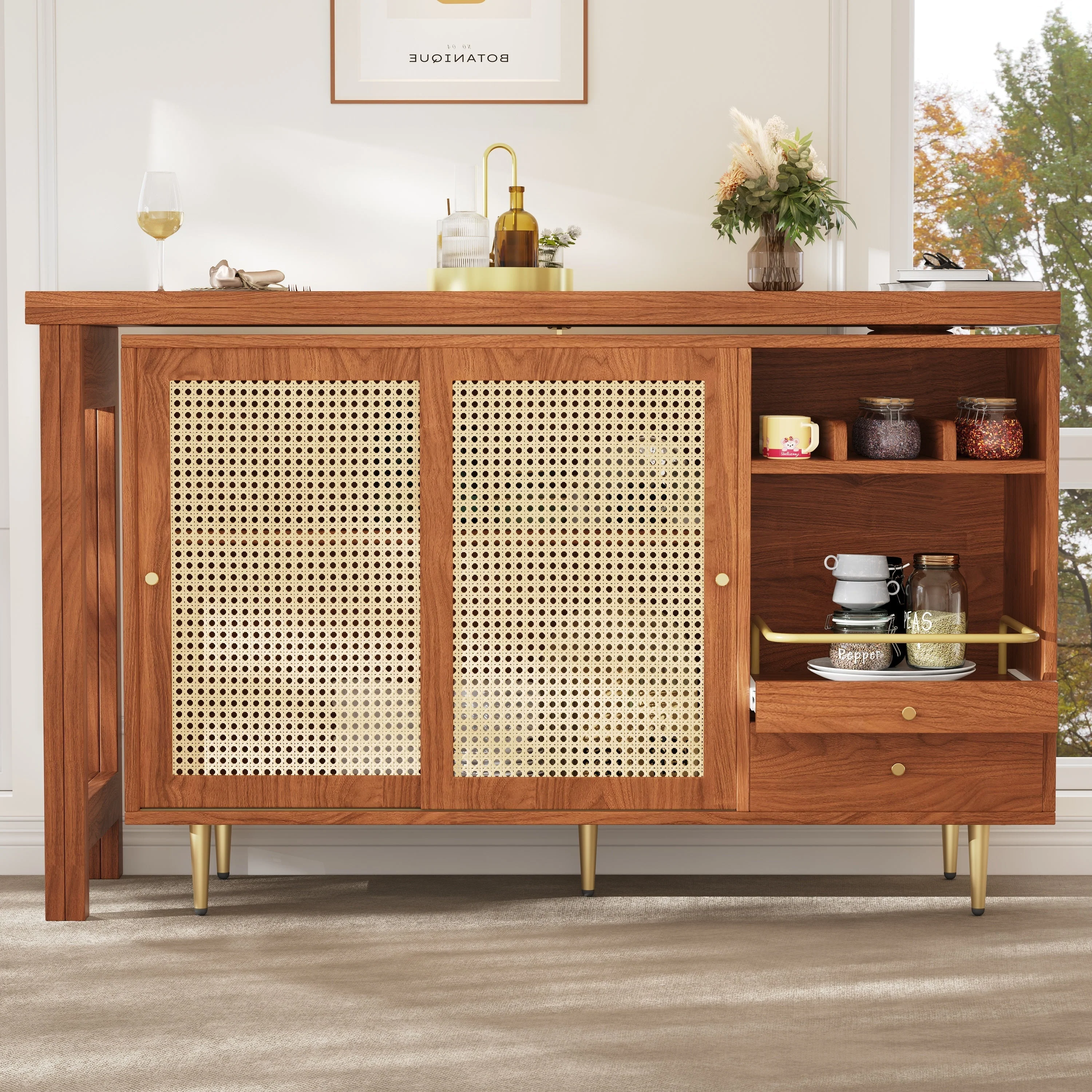 360° Rotating Bar Table Extendable Storage Rattan Door Brown - Image 9