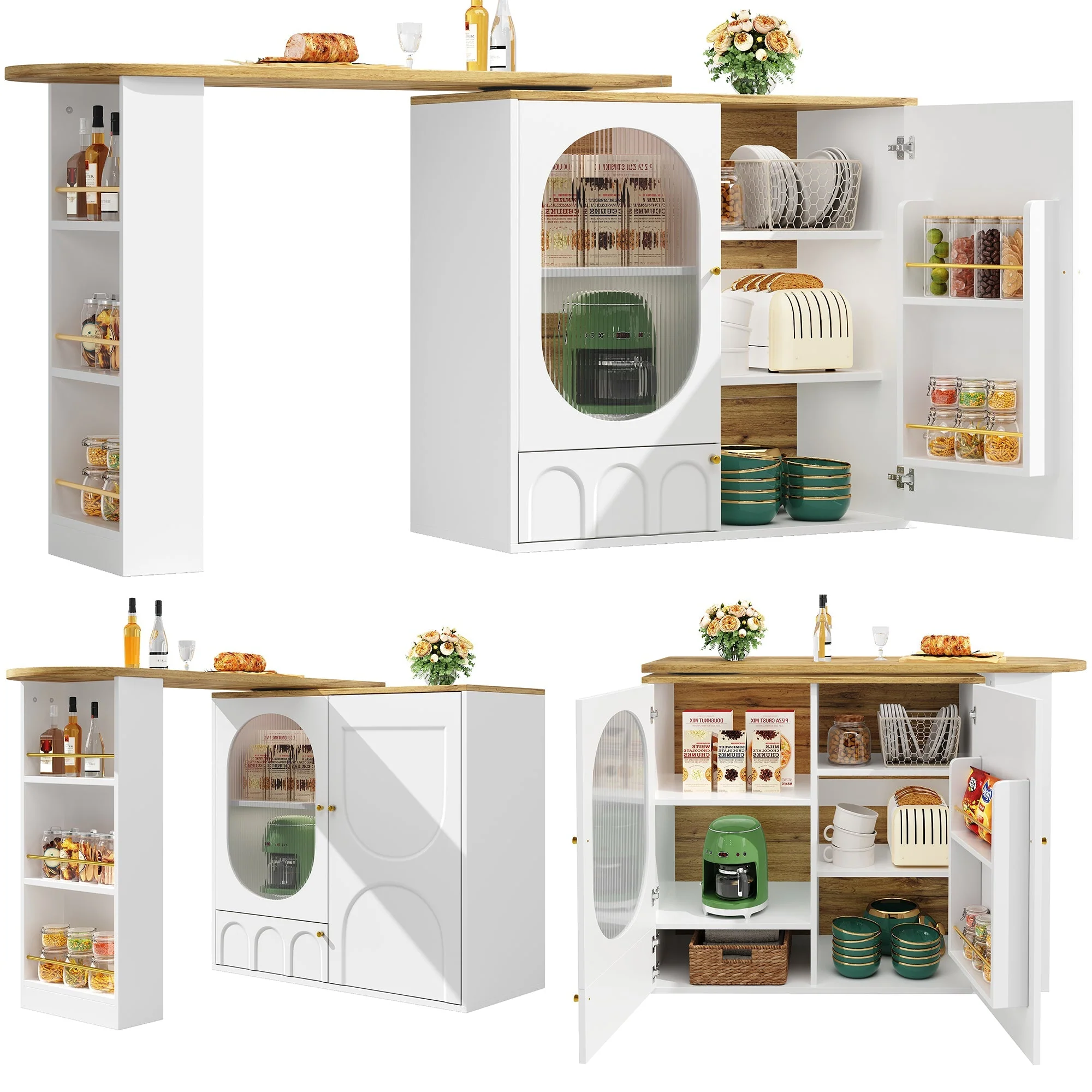 360° Rotating Bar Table Kitchen Island Storage Cabinet - White/Black - Image 2