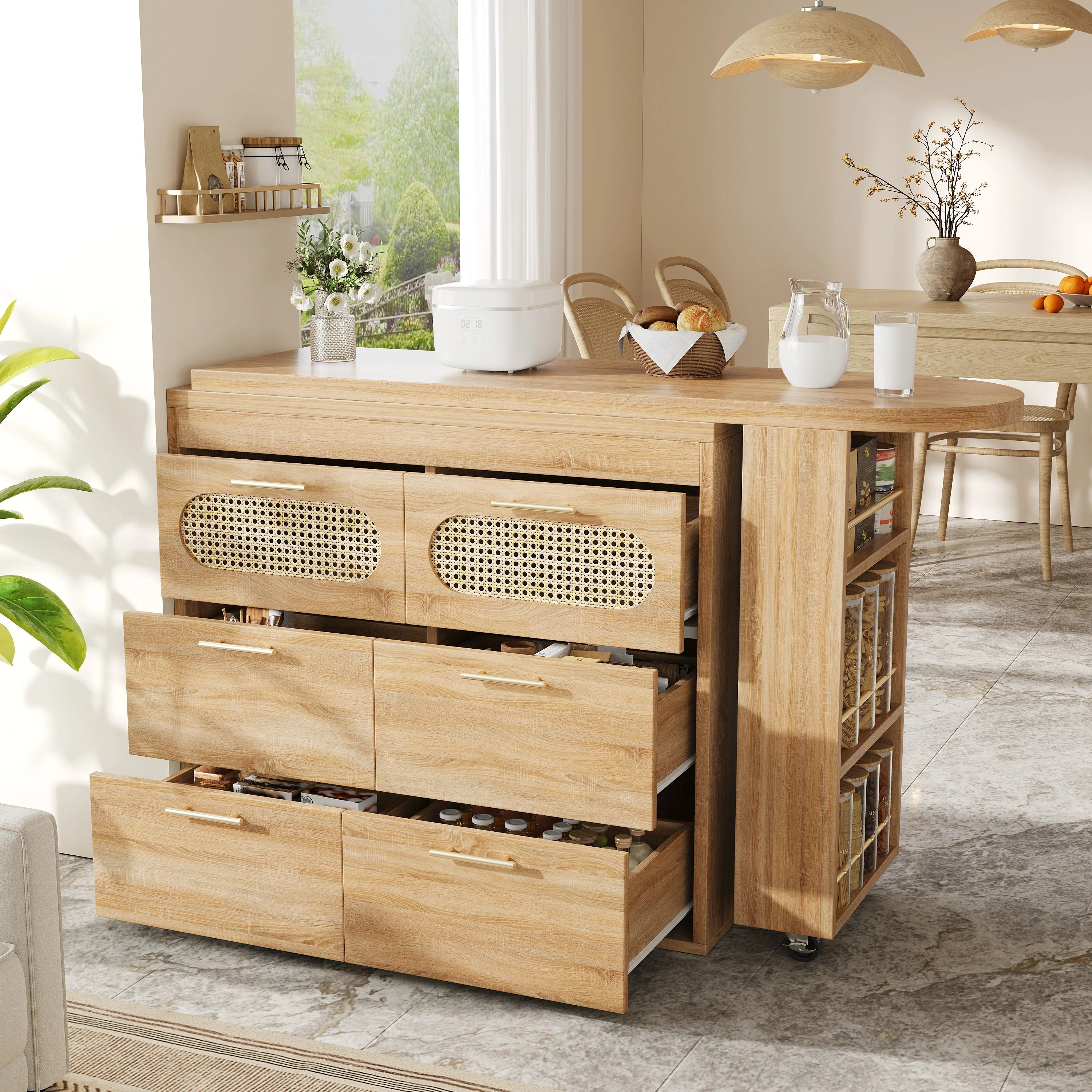 360° Rotating Bar Table with 6 Drawers and Anti-Tip Device, PE Rattan and Metal - Image 3
