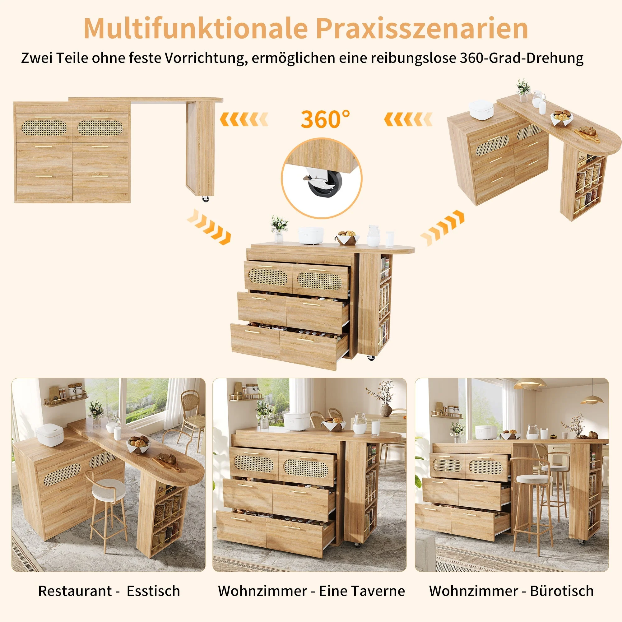 360° Rotating Bar Table with 6 Drawers and Anti-Tip Device, PE Rattan and Metal - Image 9