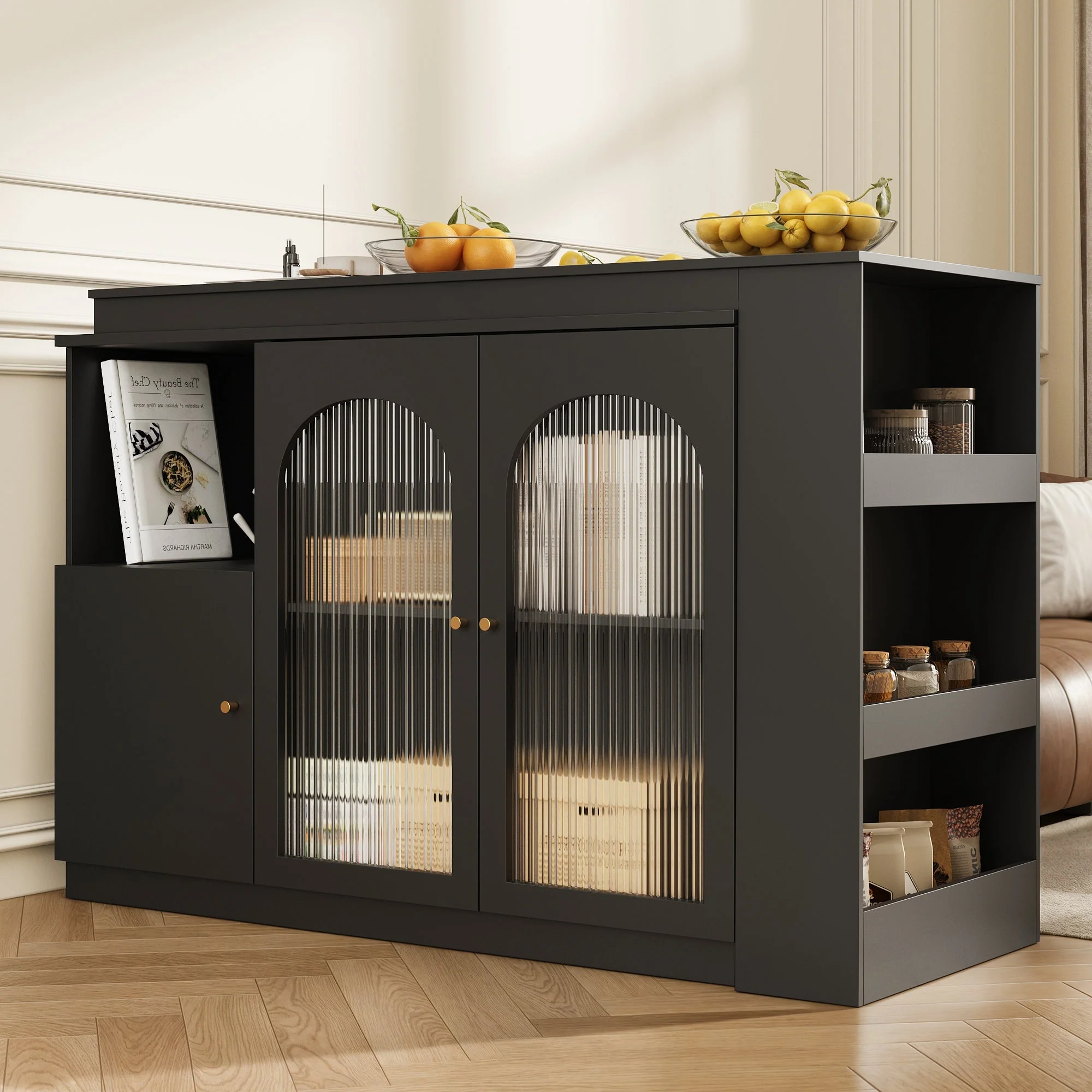 360° Rotating Bar Table with Dining & Bar Cabinet, Multifunctional Storage & Glass Door, Black - Image 3