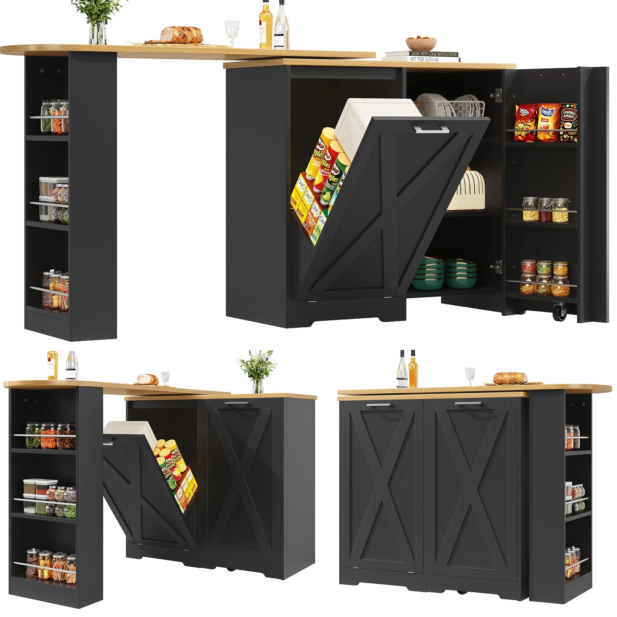 360° Rotating Breakfast Bar with Multifunctional Storage and Side Shelves, Black - Image 8