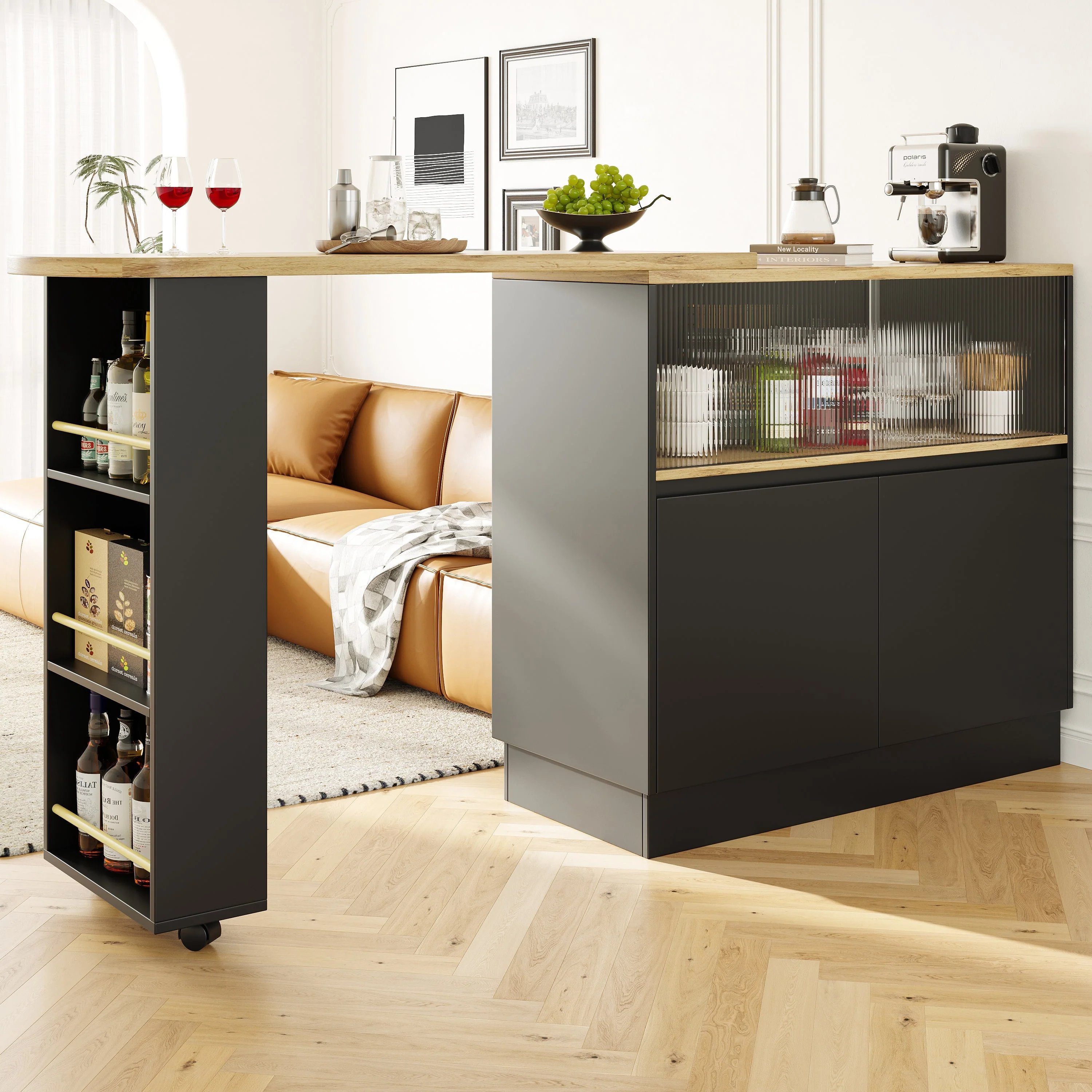 360° Rotating Dining Bar Sideboard with Shelves & Glass - Image 5