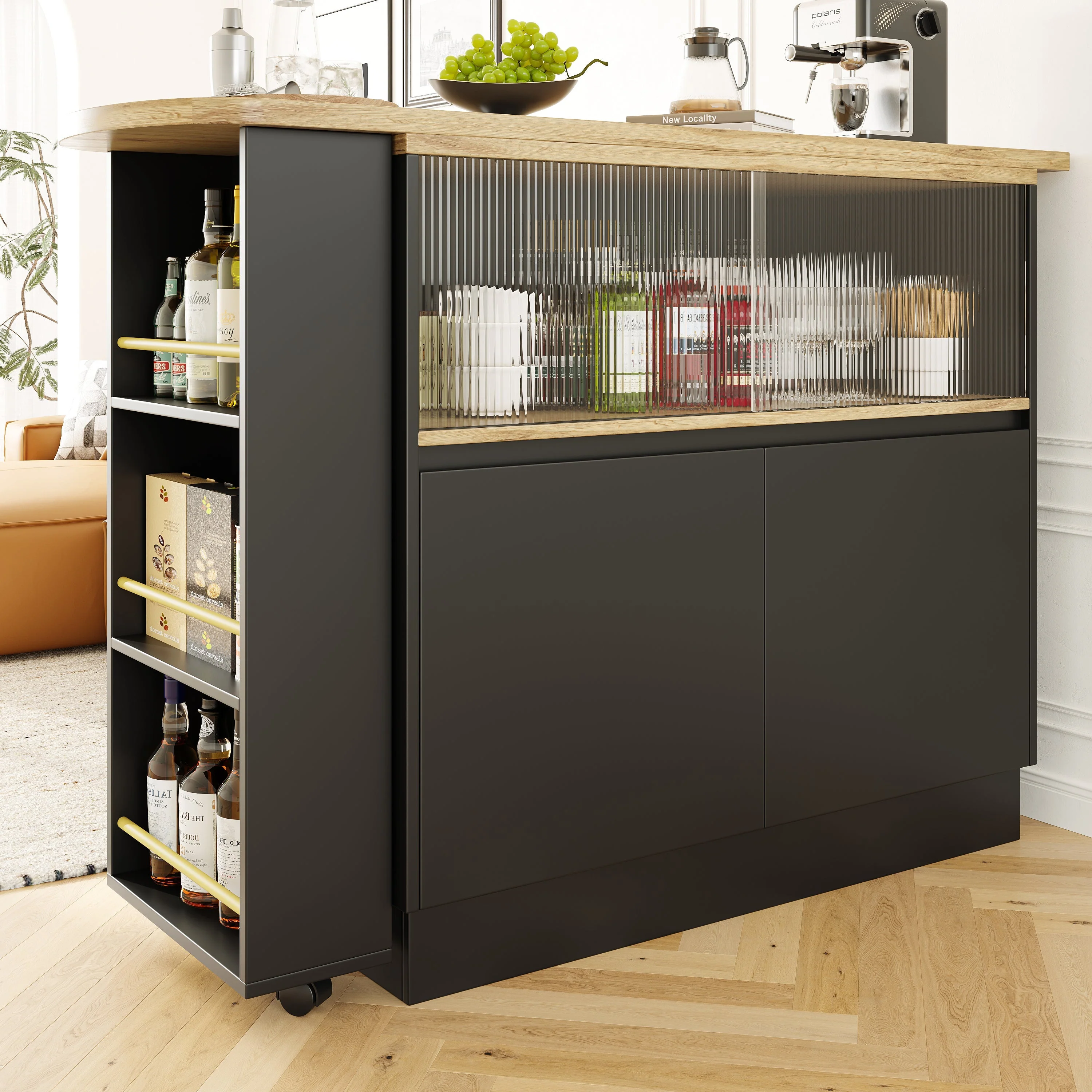 360° Rotating Dining Bar Sideboard with Shelves & Glass - Image 6