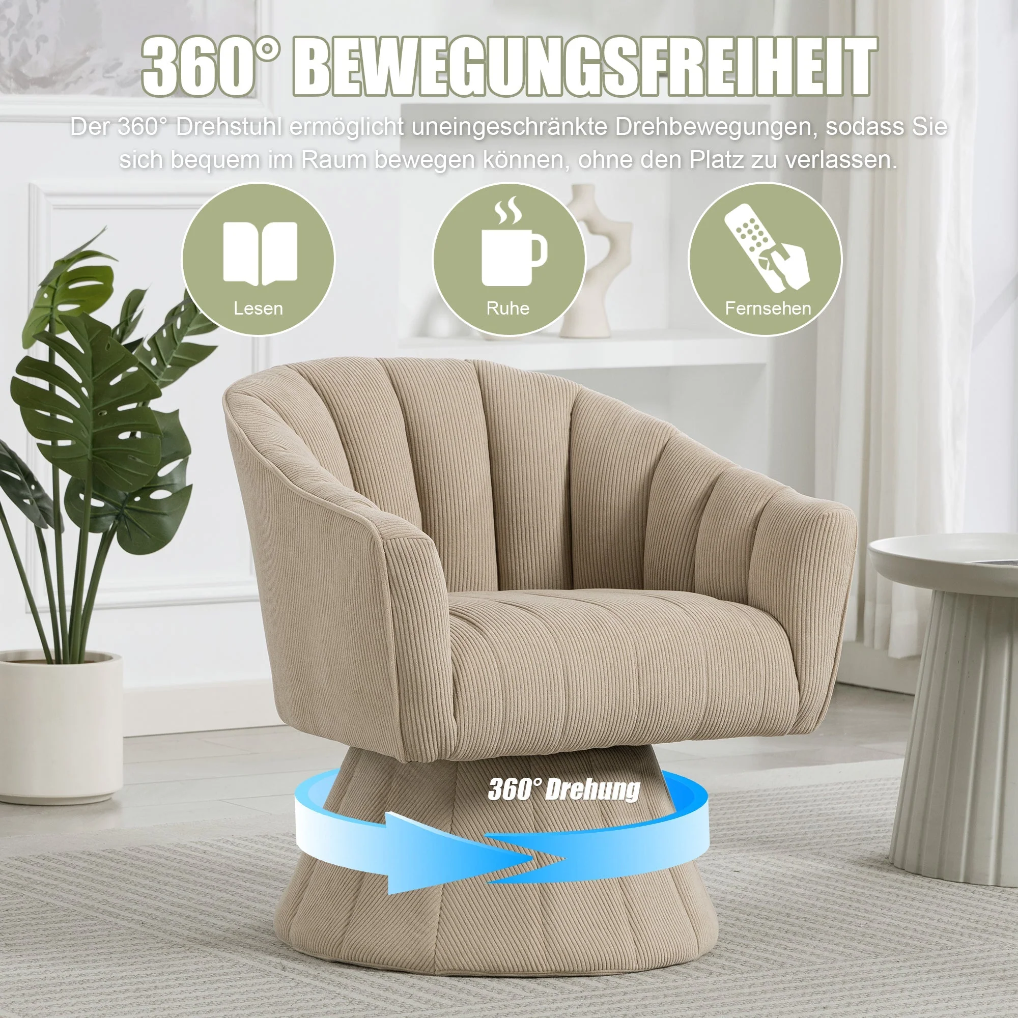 360° Swivel Chair with Ergonomic Cushions and Wraparound Armrests, Khaki - Image 6