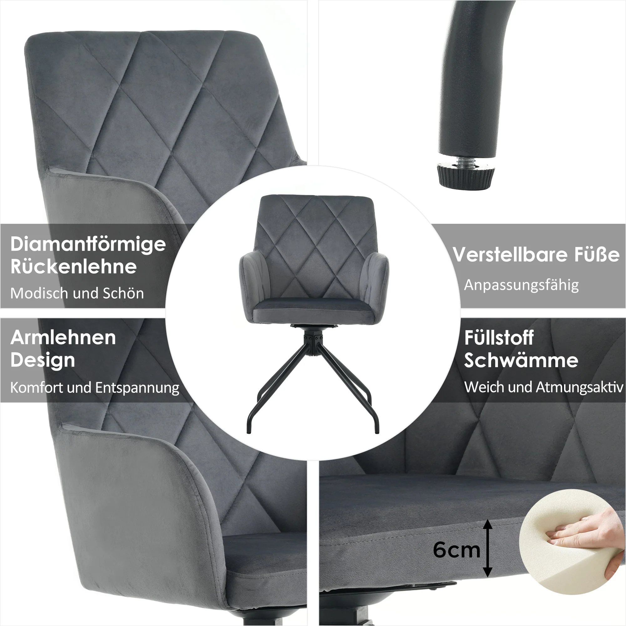 360° Swivel Dining Chairs, Set of 6 with Diamond Pattern and Lumbar Support, Anthracite Velvet - Image 4