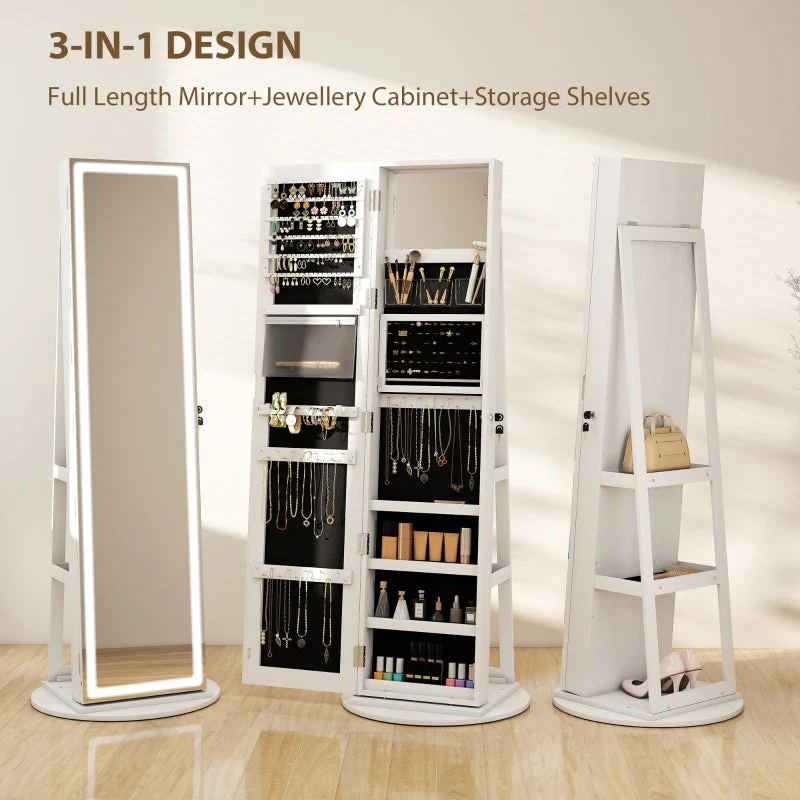 360° Swivel Mirror Jewellery Cabinet, LED Lights Lockable Storage Full Length, White - Image 4