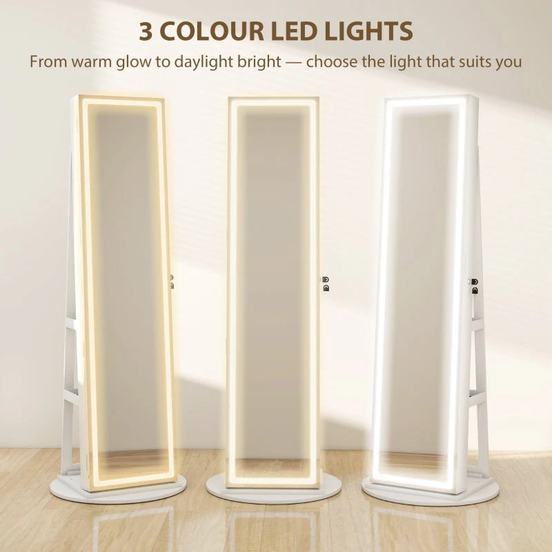 360° Swivel Mirror Jewellery Cabinet, LED Lights Lockable Storage Full Length, White - Image 7