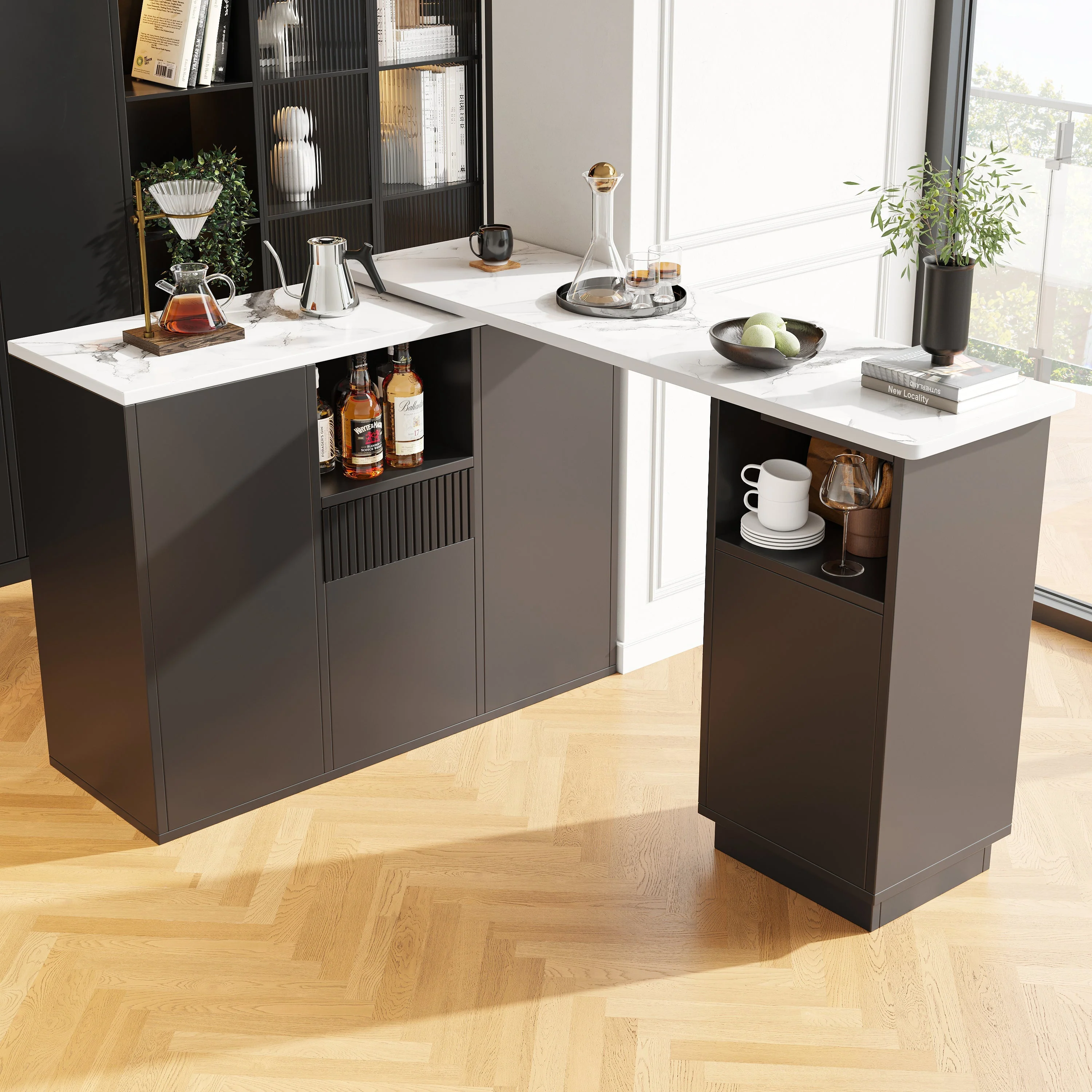 360° Swivelling Bar Table, Modern Design with Open Storage and Marble Worktop, Black - Image 3