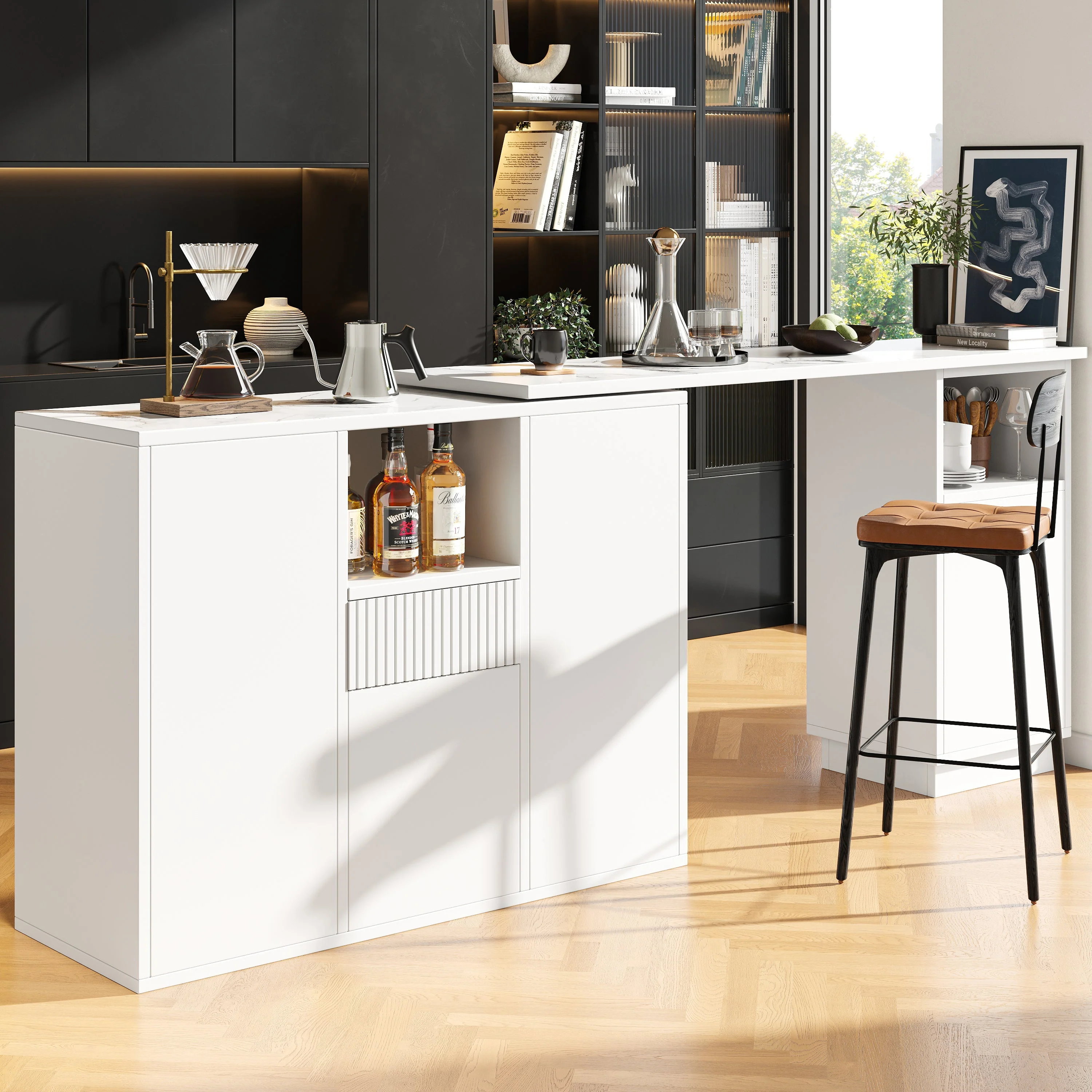 360° Swivelling Bar Table with Open Storage and Marble Worktop, White - Image 4