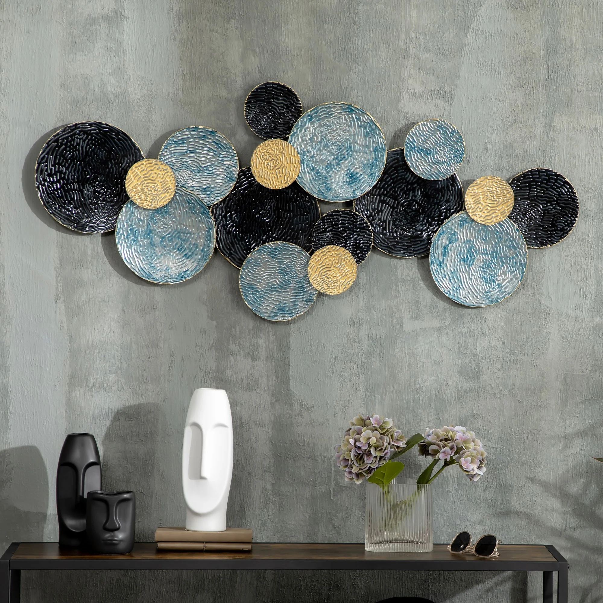 3D Wall Art, Modern Sculpture, 121x53cm, Gold Black Blue Metal - Image 2