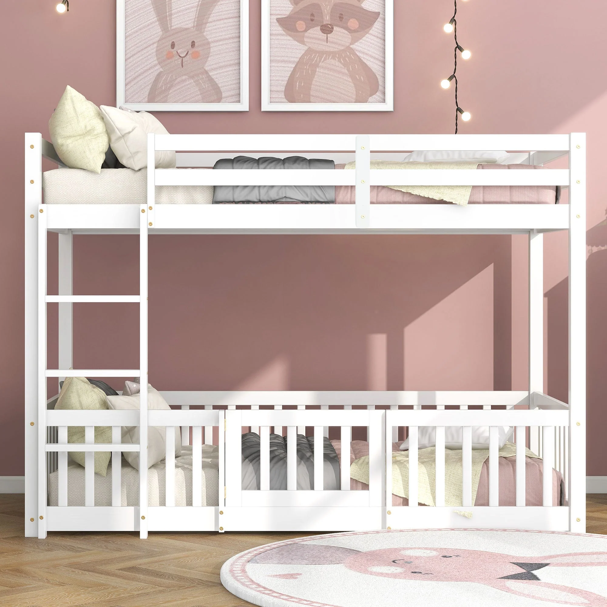 3FT Bunk Bed, Fences and Door with Fall Protection & Railings, Solid Wood, White