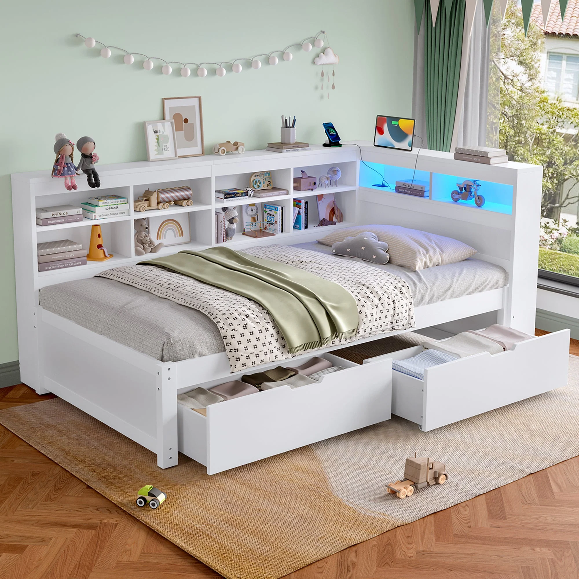 3ft Single Daybed, LED Bed Frame w/ Storage Drawers & Charging Station, Wood, White - Image 3