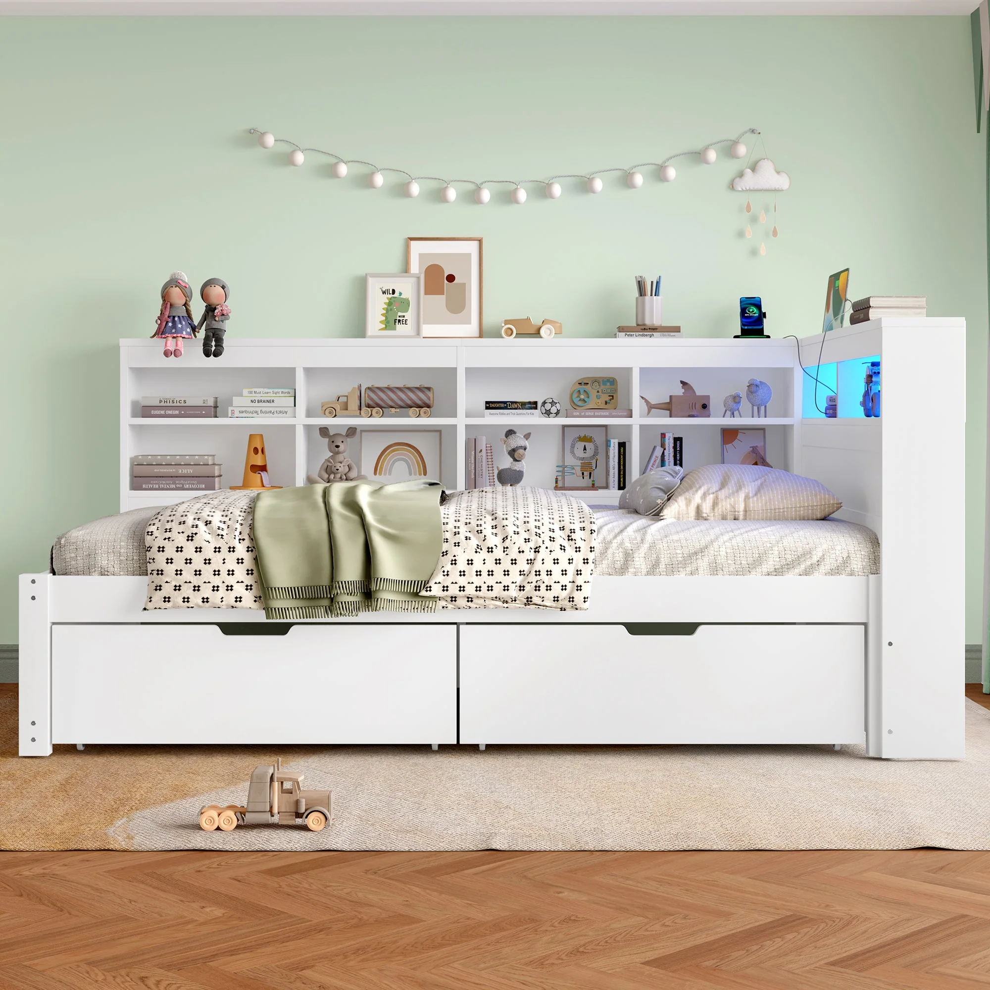 3ft Single Daybed, LED Bed Frame w/ Storage Drawers & Charging Station, Wood, White - Image 4