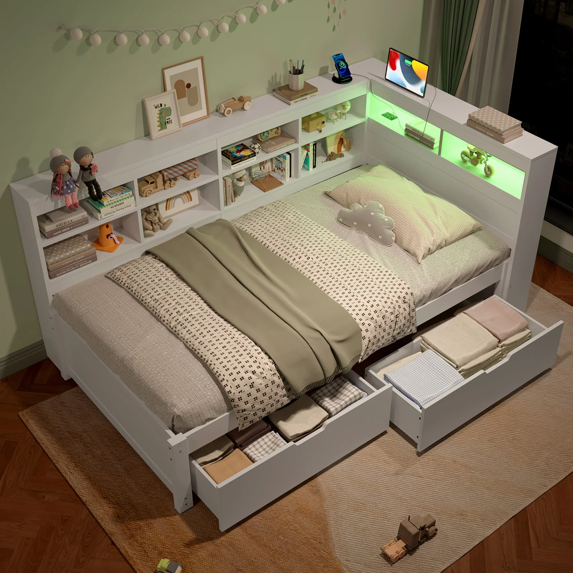 3ft Single Daybed, LED Bed Frame w/ Storage Drawers & Charging Station, Wood, White - Image 5