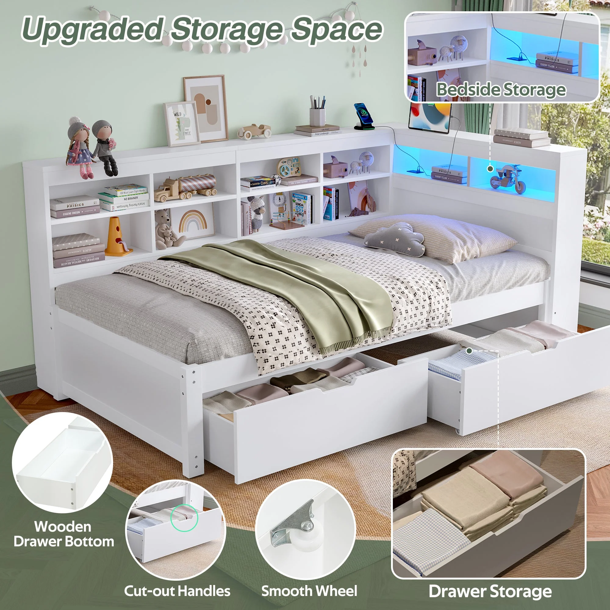 3ft Single Daybed, LED Bed Frame w/ Storage Drawers & Charging Station, Wood, White - Image 6