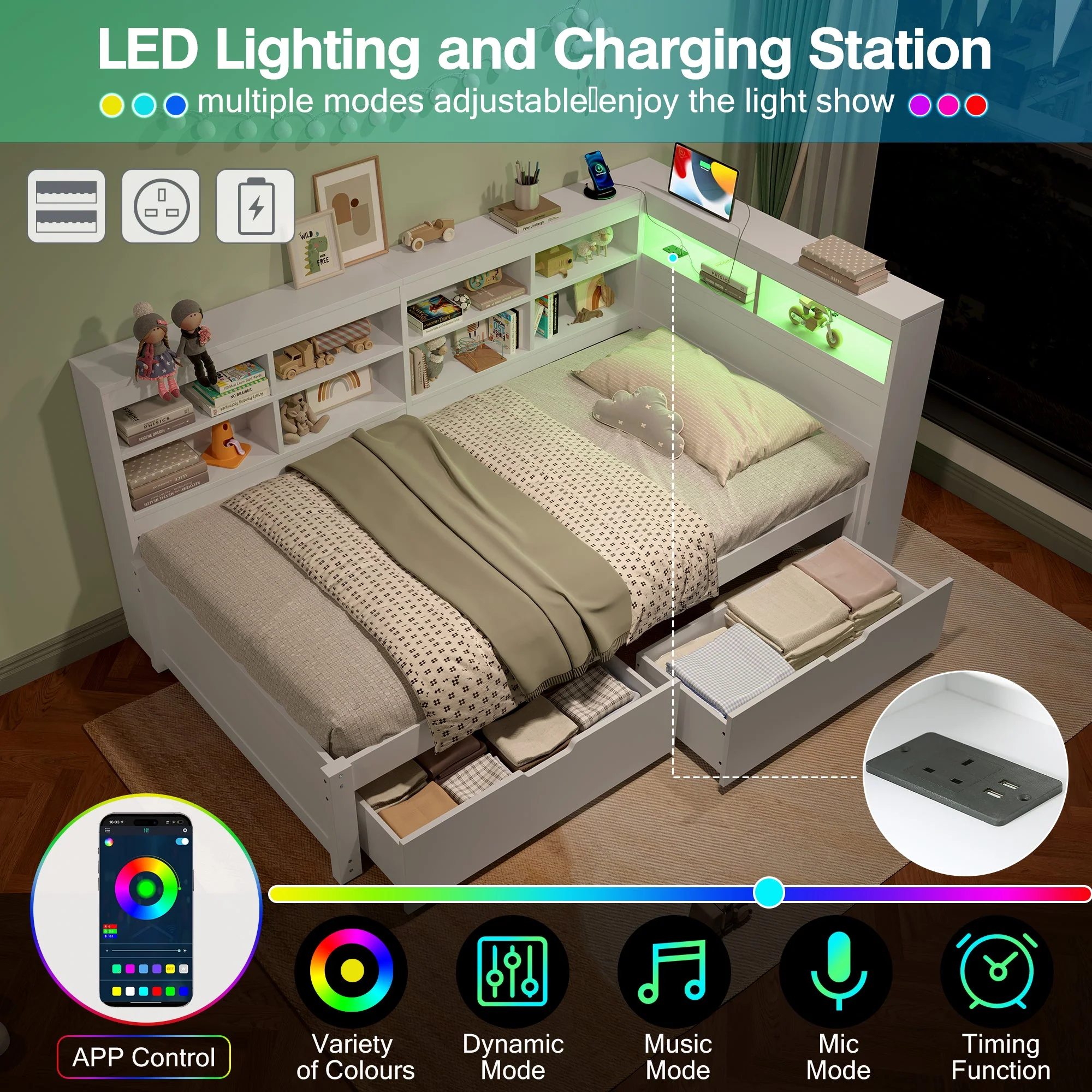 3ft Single Daybed, LED Bed Frame w/ Storage Drawers & Charging Station, Wood, White - Image 7