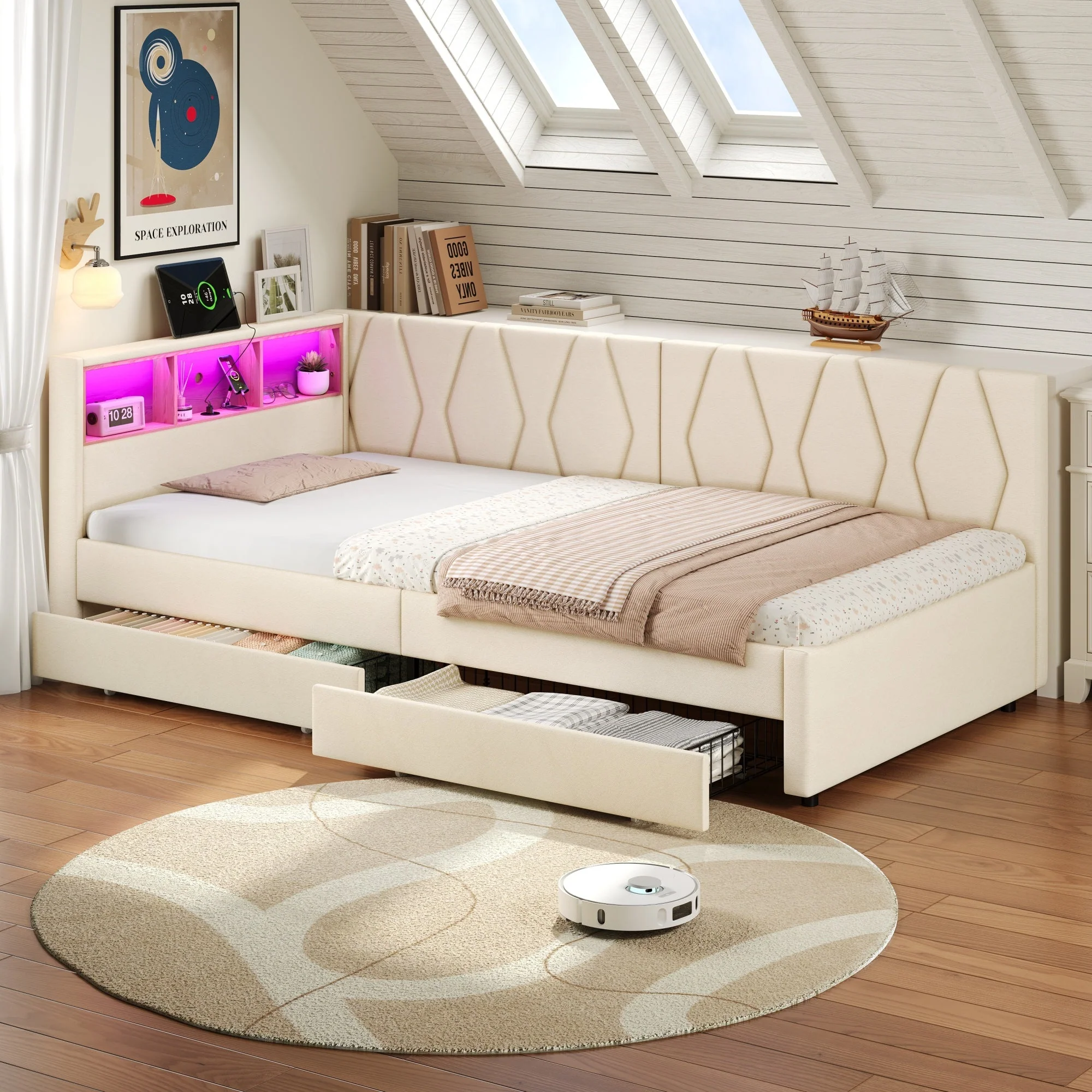 3ft Single Daybed with Two Storage Drawers, LED Modern Bed Frame with Charging Station, Linen, Beige - Image 2