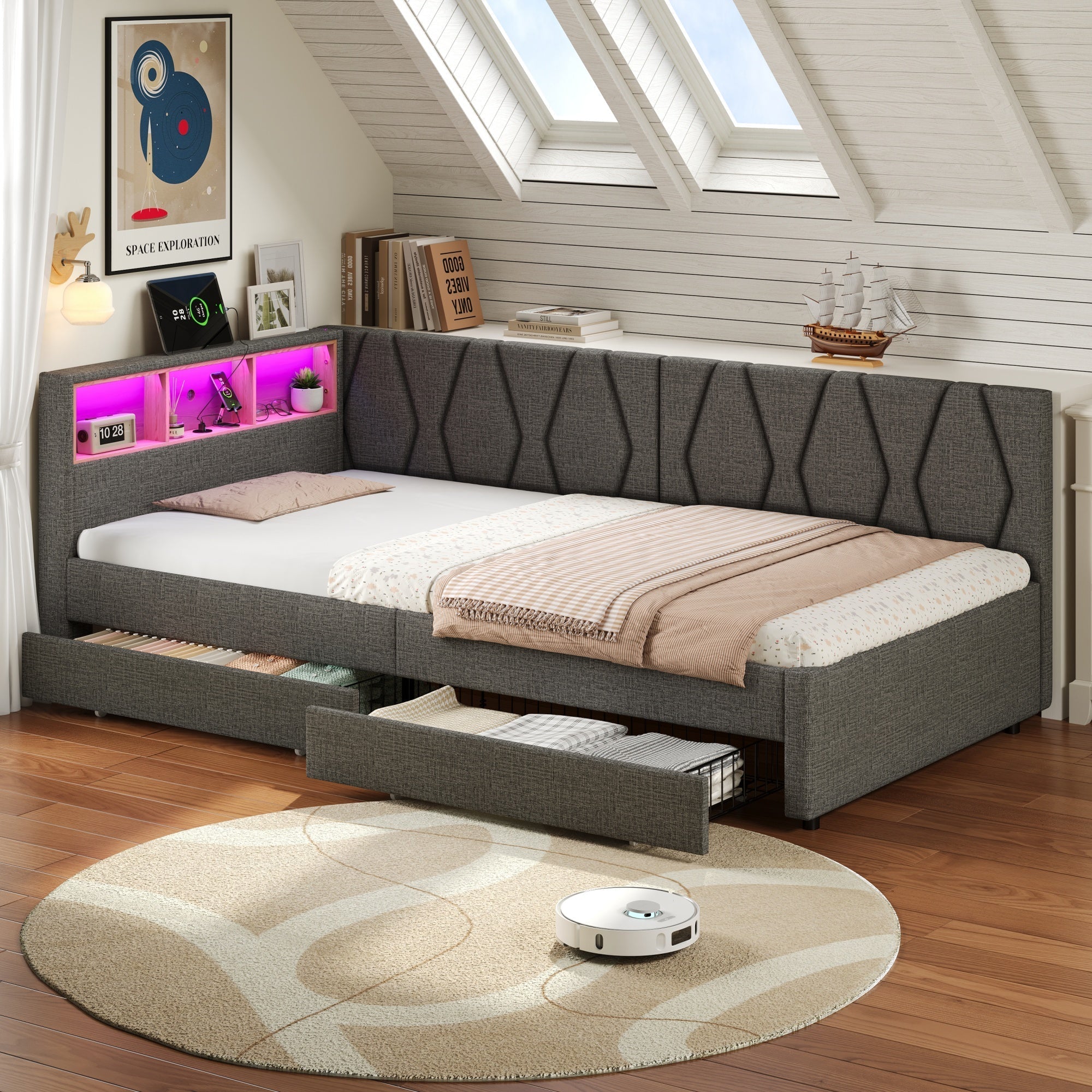 3ft Single Daybed with Two Storage Drawers, LED Modern Bed frame with Charging Station, Linen Sofa Bed, Grey - Image 2