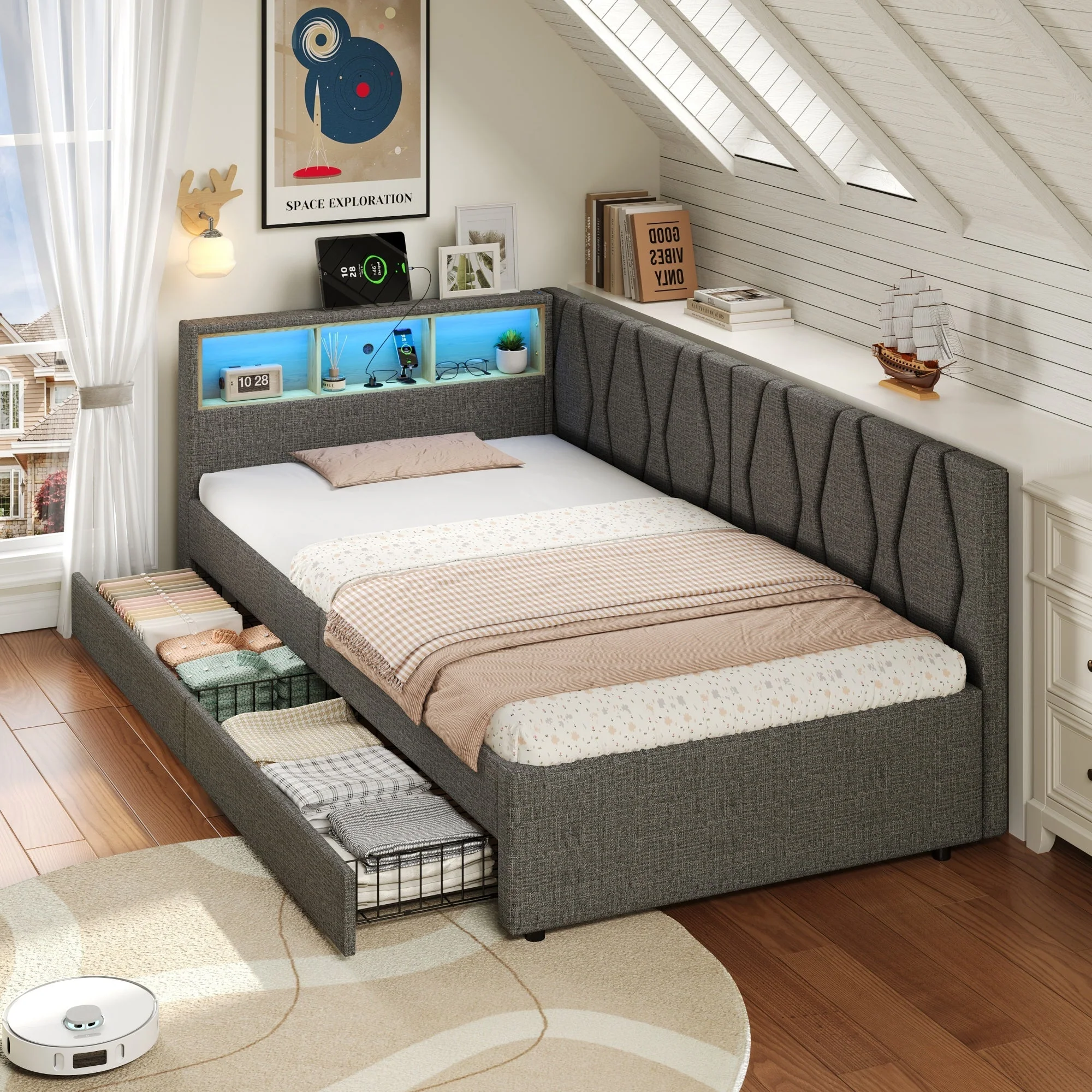 3ft Single Daybed with Two Storage Drawers, LED Modern Bed frame with Charging Station, Linen Sofa Bed, Grey - Image 3
