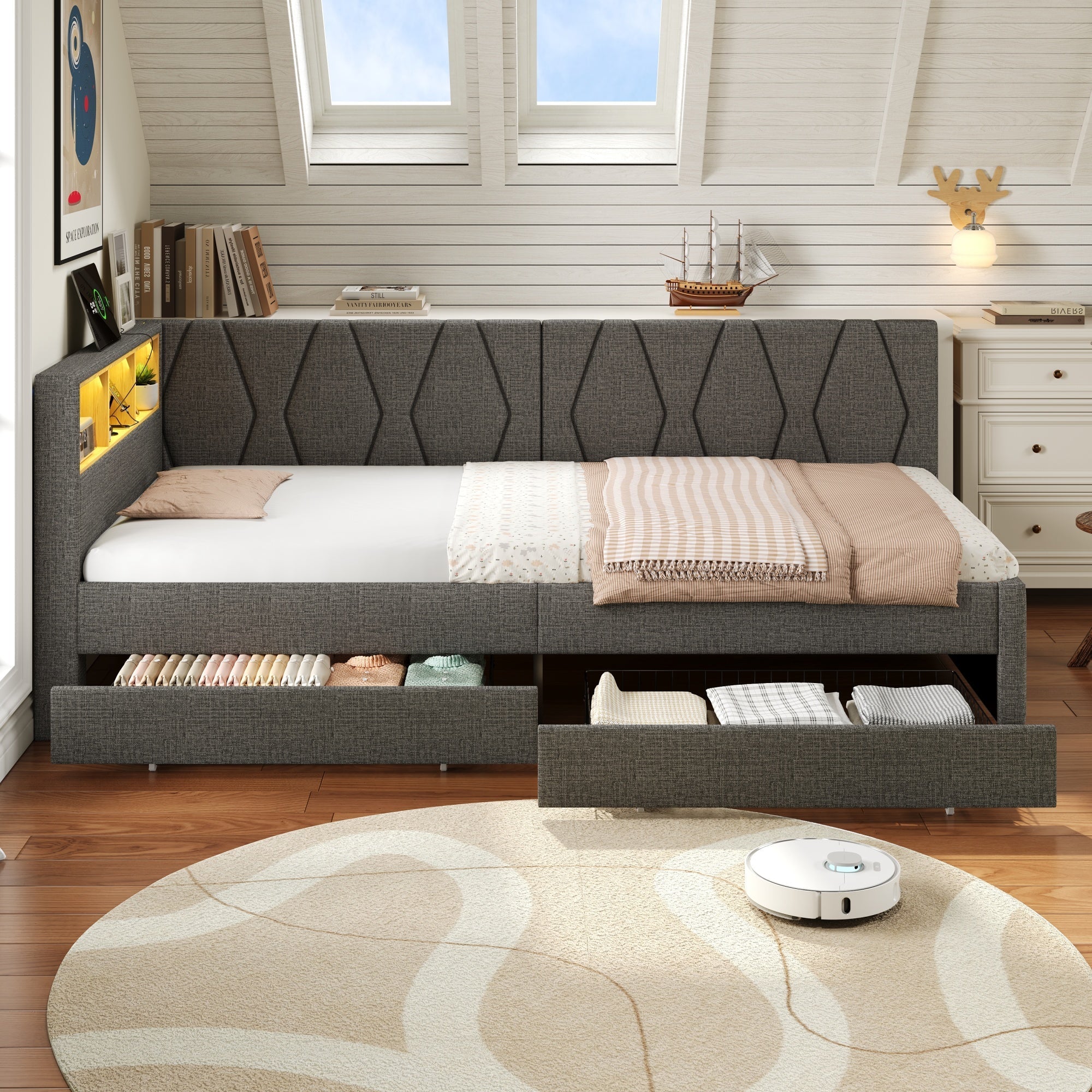 3ft Single Daybed with Two Storage Drawers, LED Modern Bed frame with Charging Station, Linen Sofa Bed, Grey - Image 4