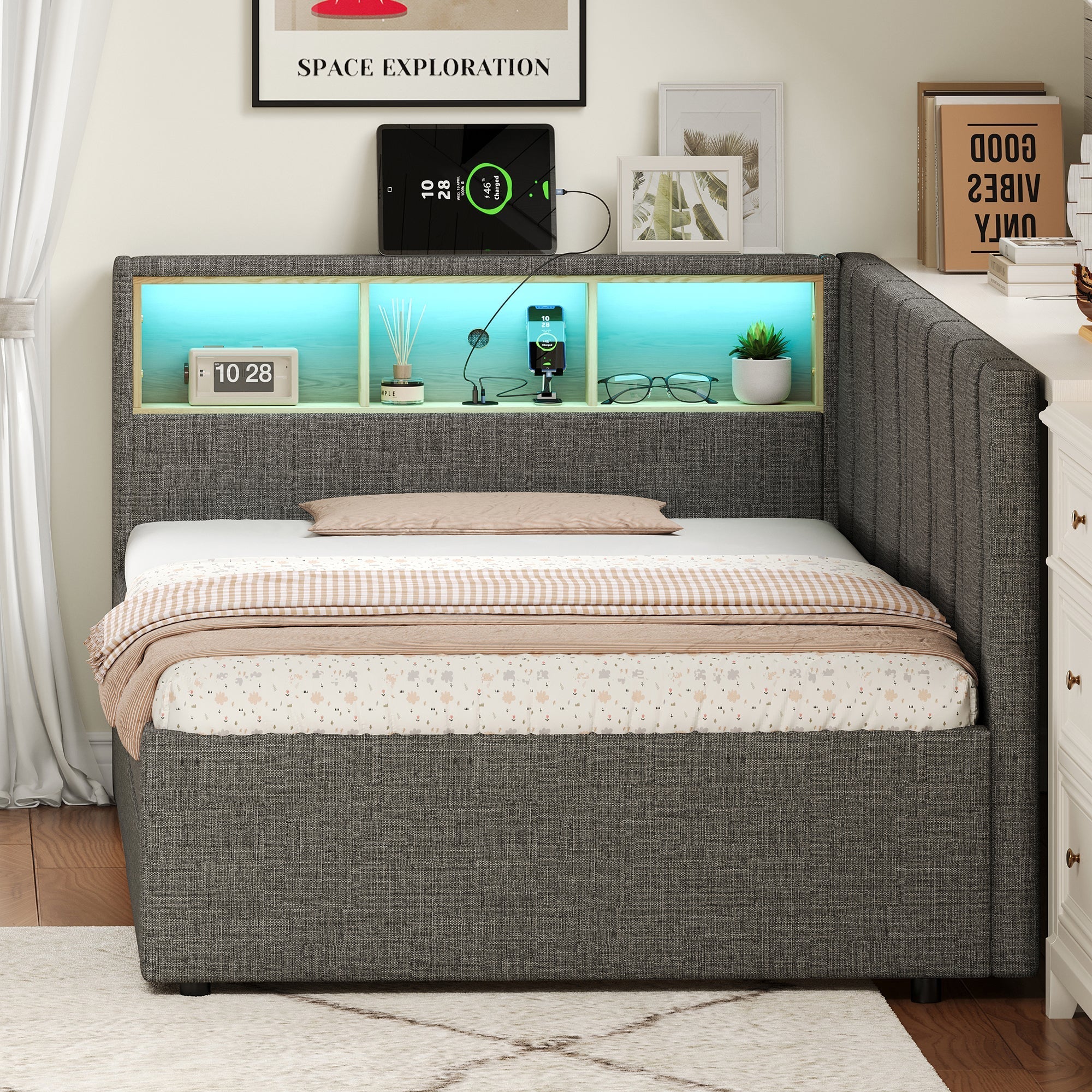 3ft Single Daybed with Two Storage Drawers, LED Modern Bed frame with Charging Station, Linen Sofa Bed, Grey - Image 5
