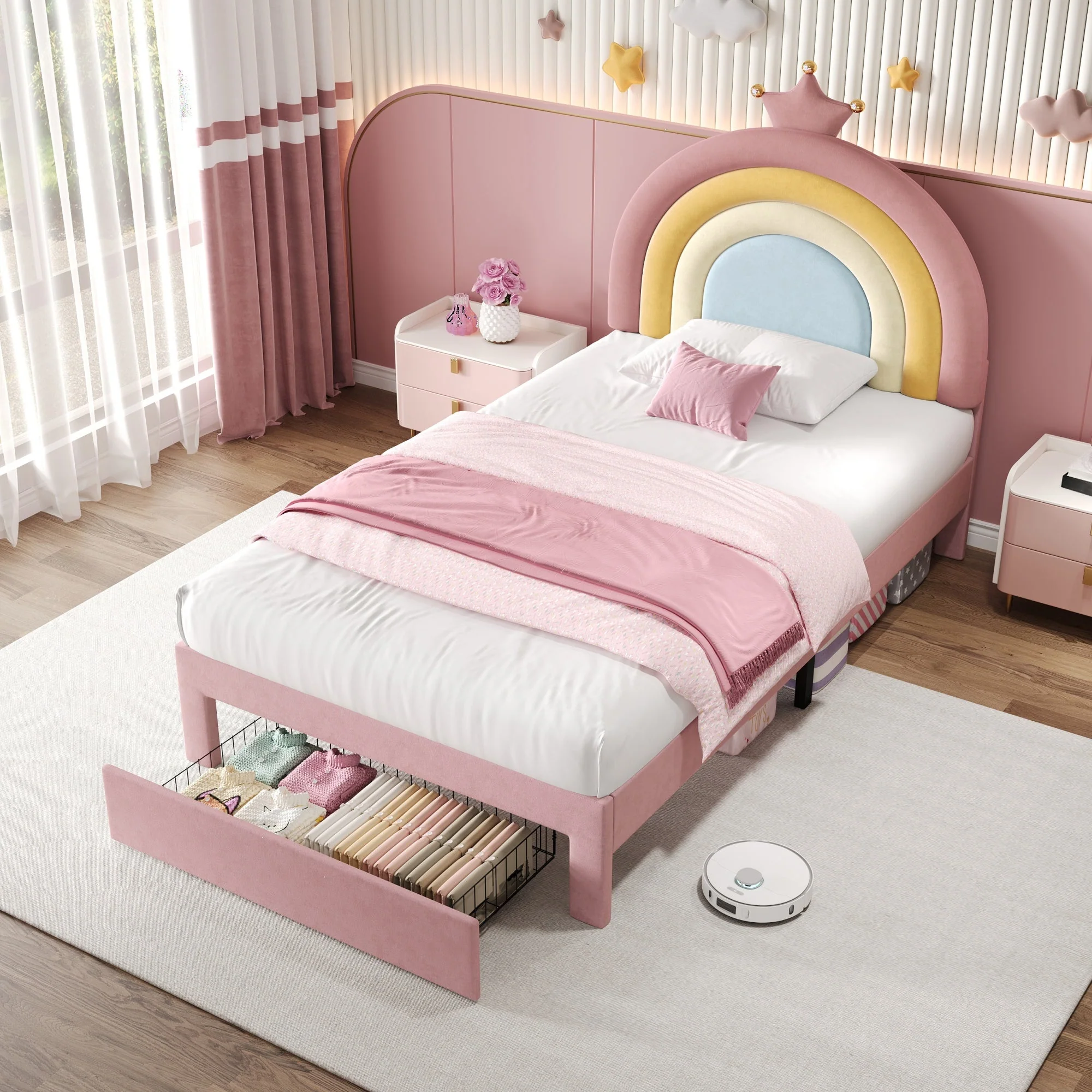 3ft Single Upholstered Bed with Adjustable Rainbow Headboard, Soft Velvet Bed Frame with Storage Drawer, Pink - Image 3