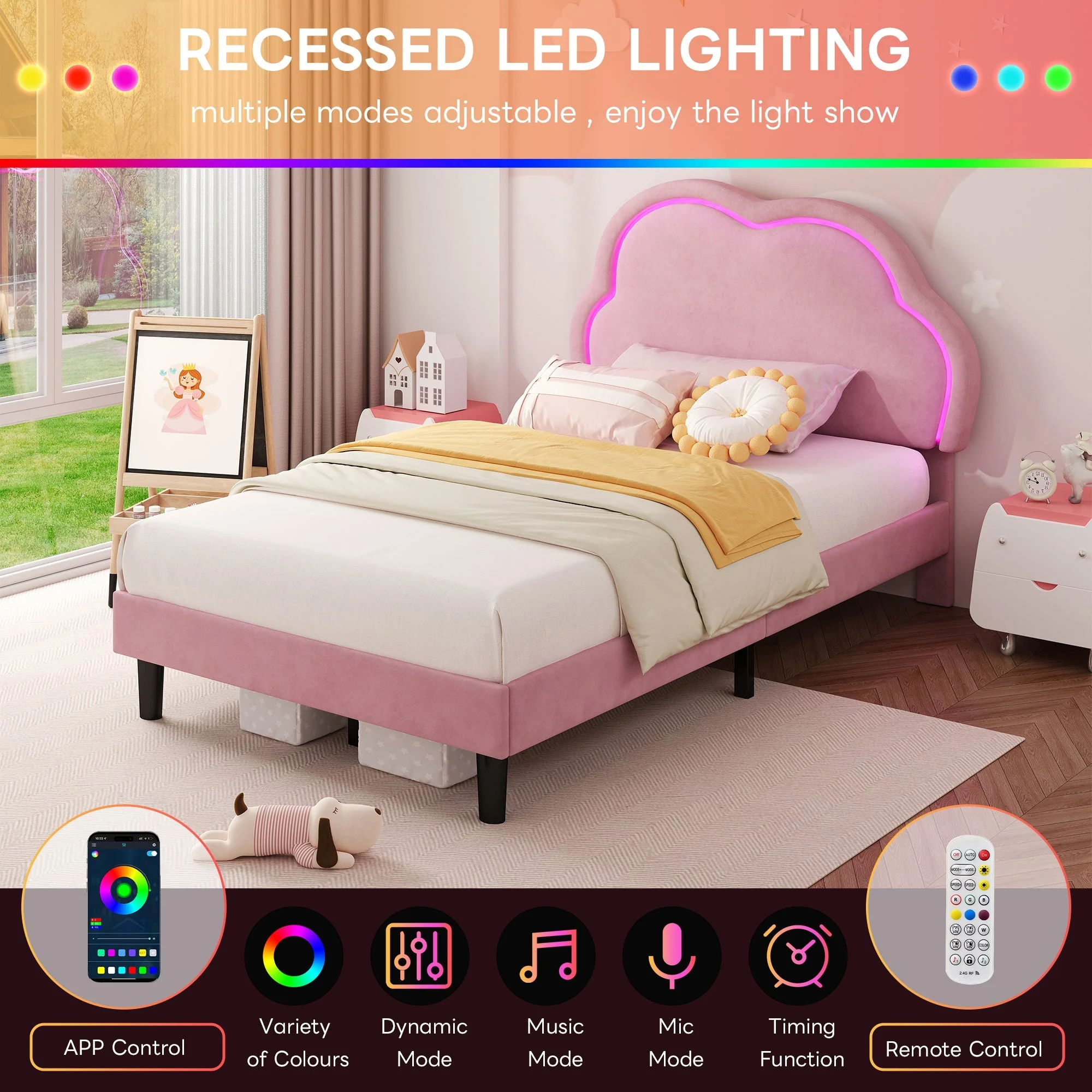 3ft Single Upholstered Bed with LED Adjustable Cute Cloud Headboard, Pink Soft Velvet - Image 5