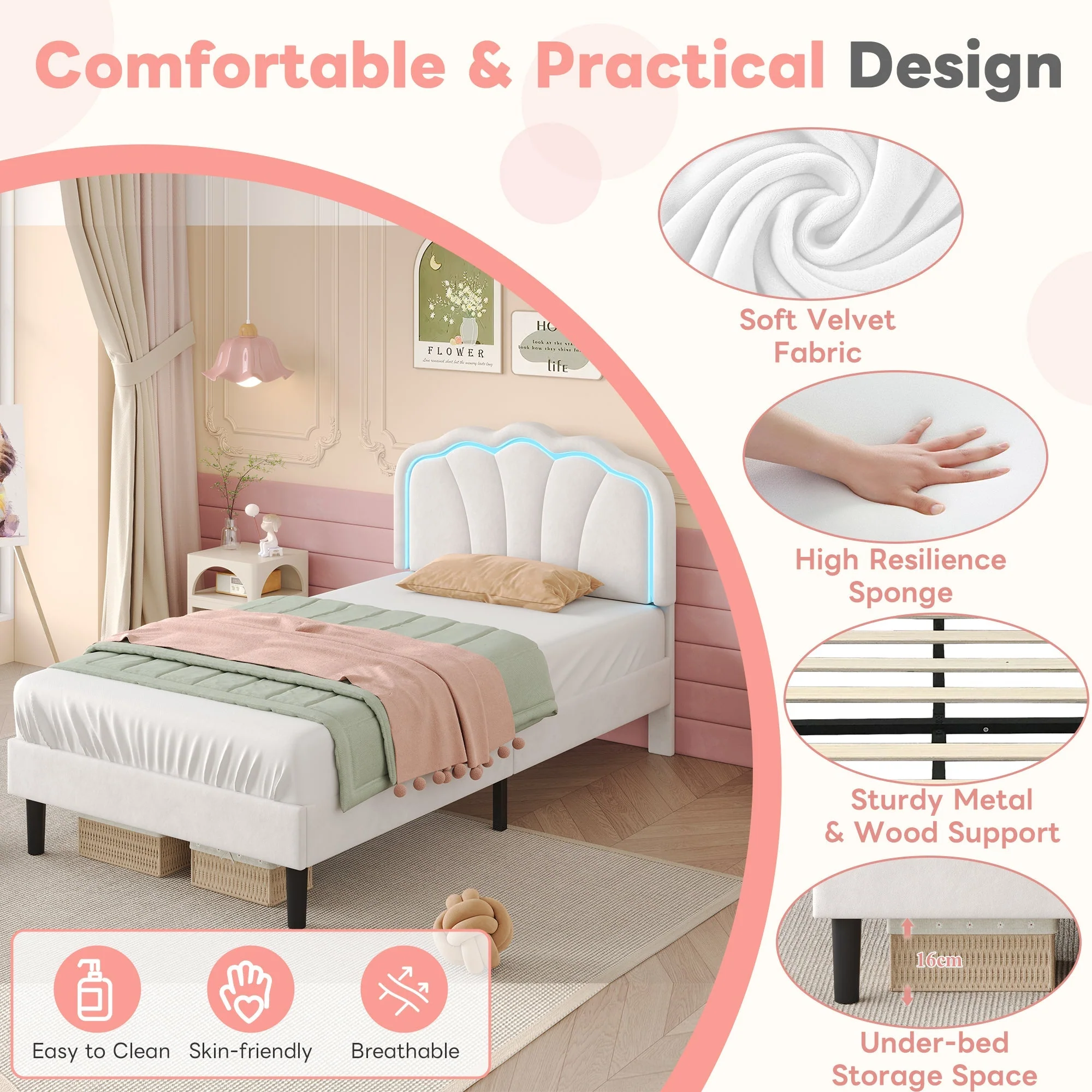3ft Single Upholstered Bed with LED Adjustable Shell Shape Headboard, Cream White Velvet - Image 5