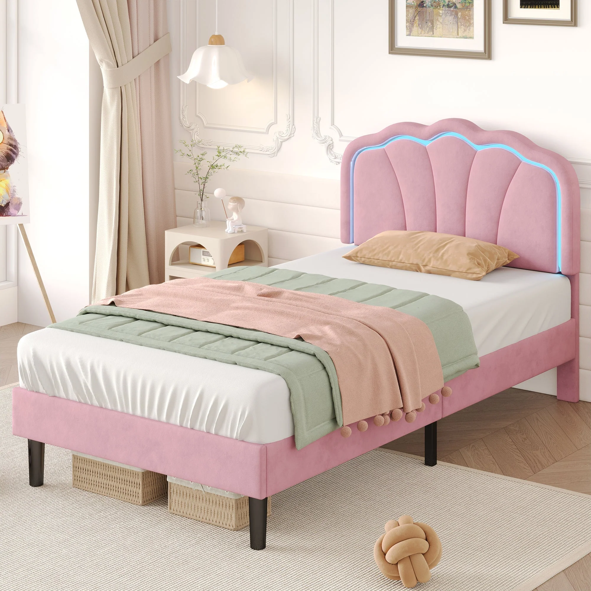 3ft Single Upholstered Bed with LED Adjustable Shell Shape Headboard, Soft Velvet, Pink - Image 2