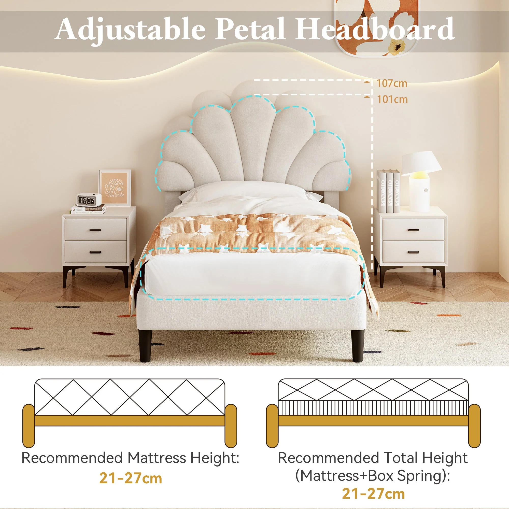 3ft Single Upholstered Velvet Bed Frame with Adjustable Chic Petal Headboard, Beige - Image 7