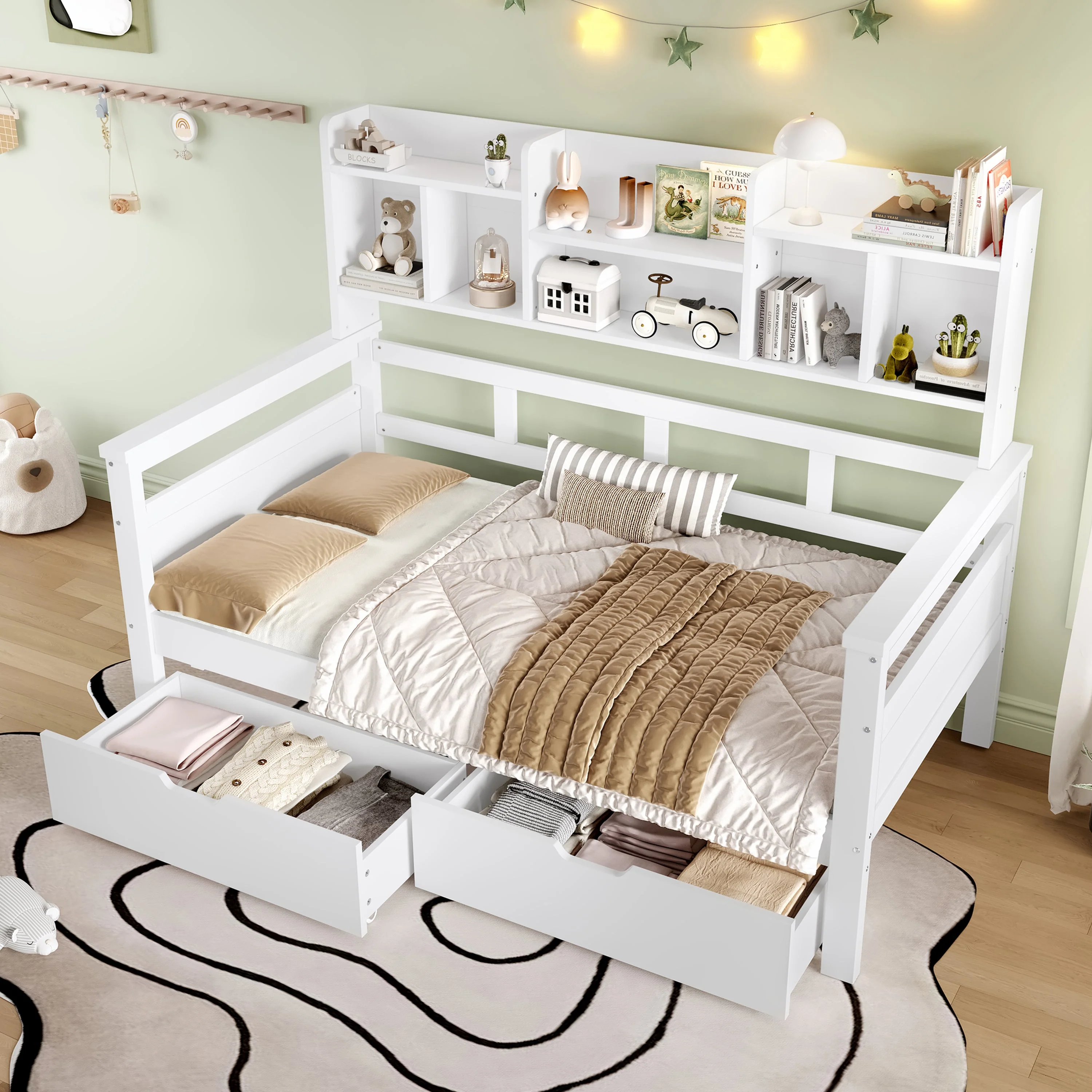 3ft Single Wooden Bed Frame with Two Storage Drawers and Bookcase Headboard, White - Image 3